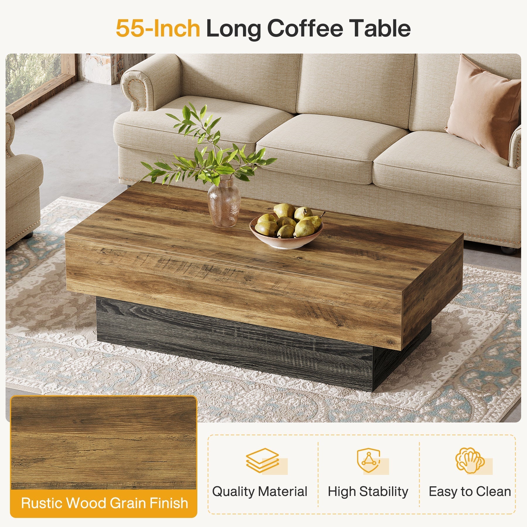 140 cm Coffee Table, Farmhouse Center Table Tea Table with Sturdy Pedestal