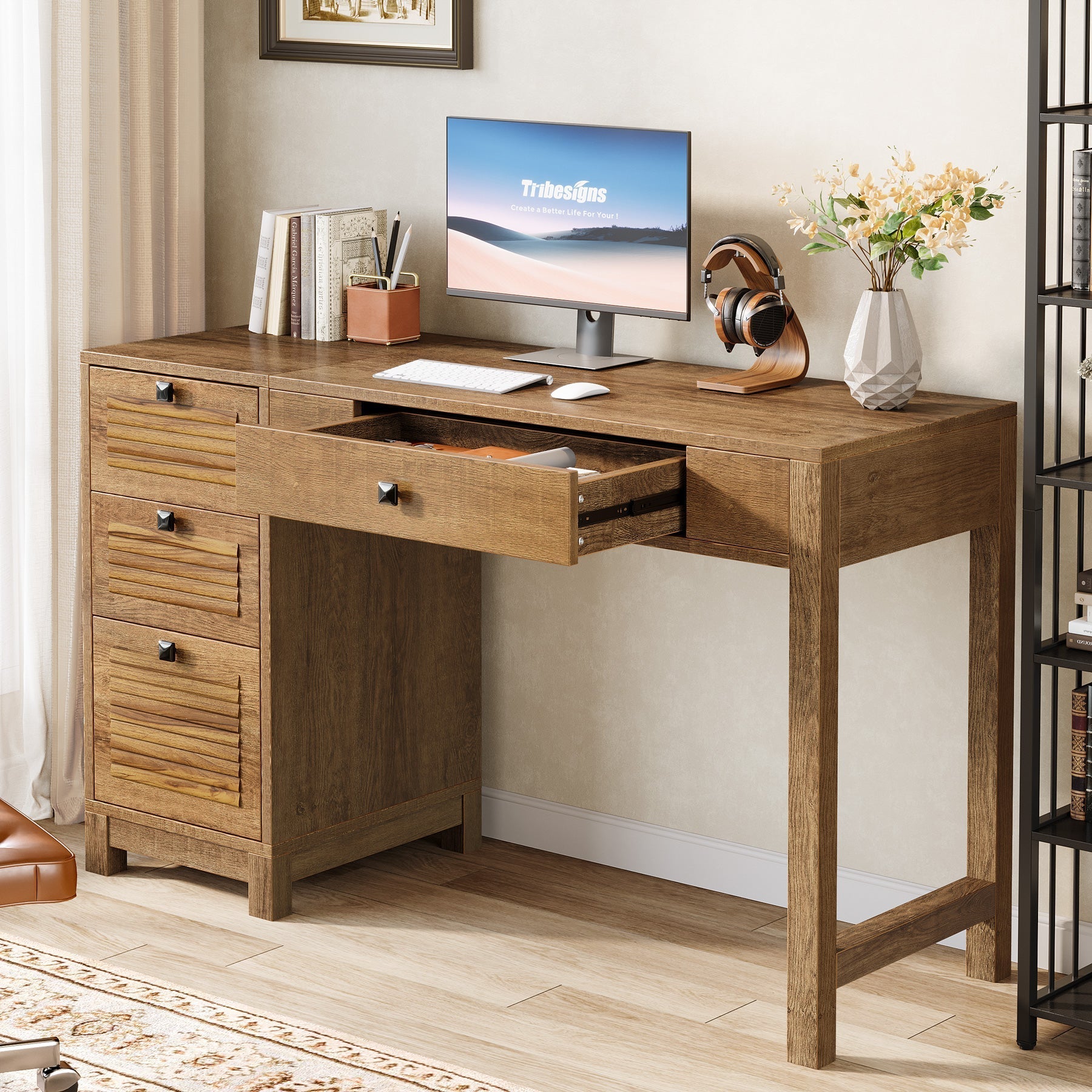 140 cm Computer Desk, Home Office Desk Writing Table with 4 File Storage Drawers