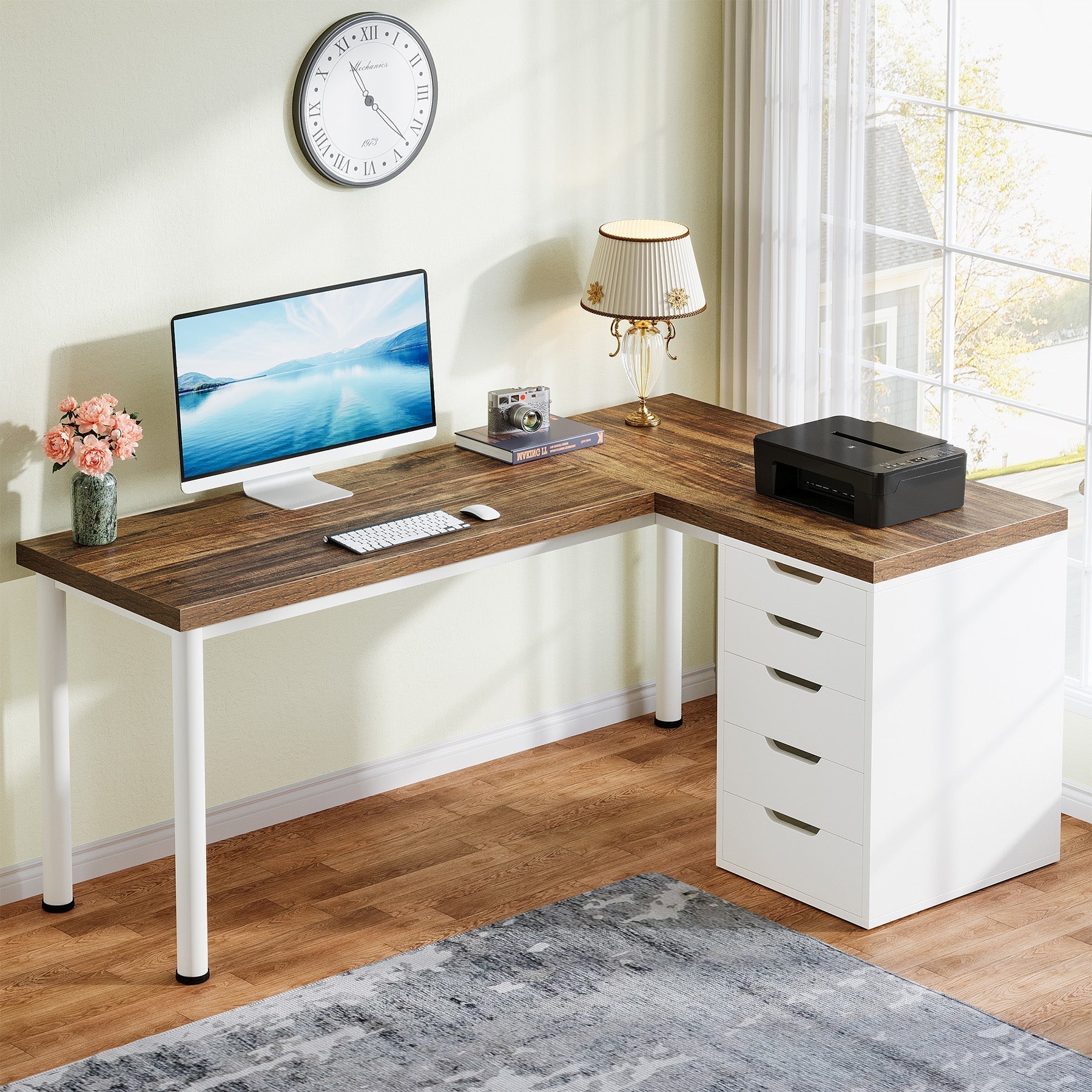 140 cm Computer Desk, L-Shaped Corner Desk Office Desk with 5 Drawers