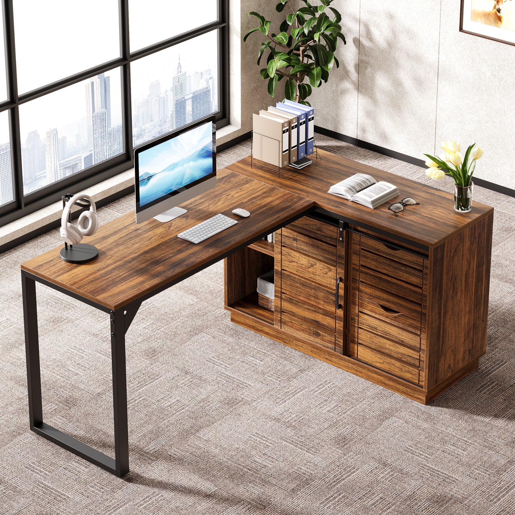 140 cm Computer Desk, L-Shaped Corner Desk Office Desk with File Drawers