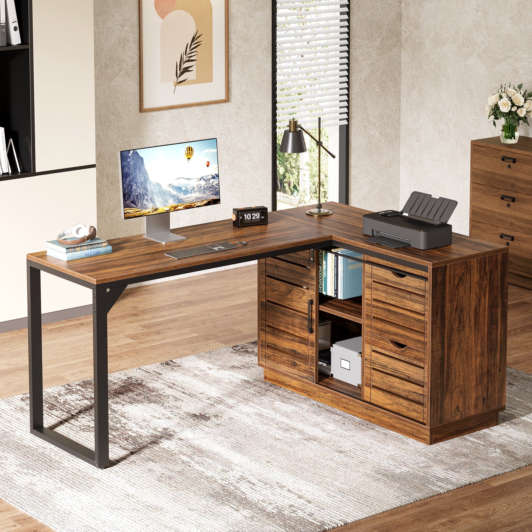 140 cm Computer Desk, L-Shaped Corner Desk Office Desk with File Drawers