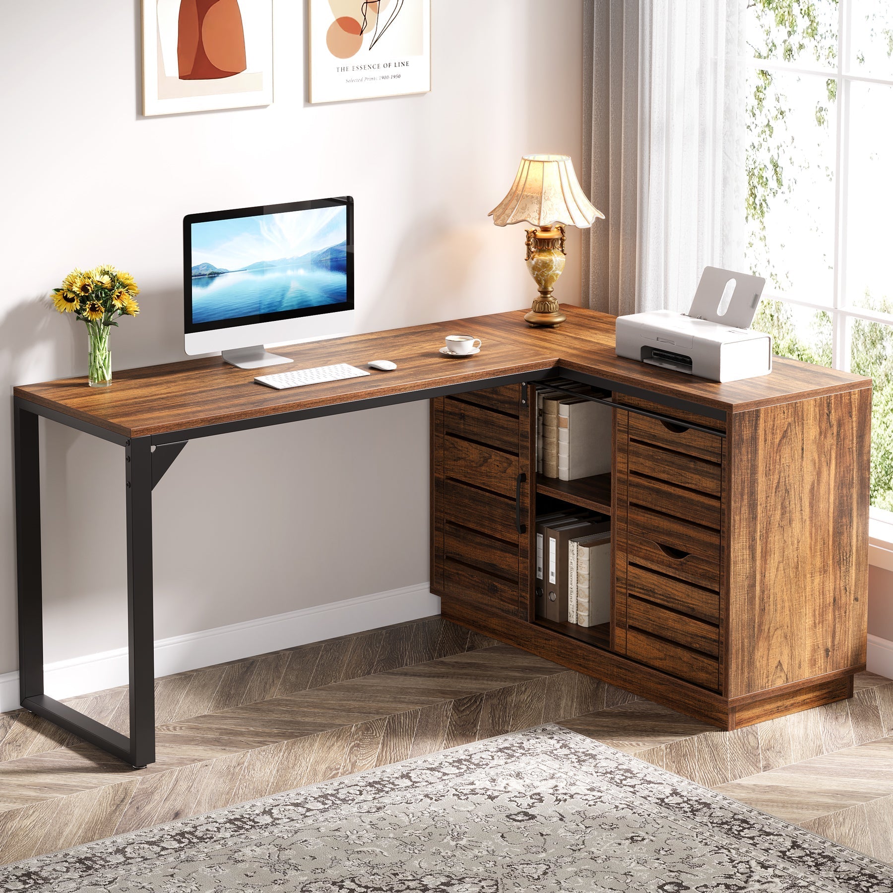 140 cm Computer Desk, L-Shaped Corner Desk Office Desk with File Drawers