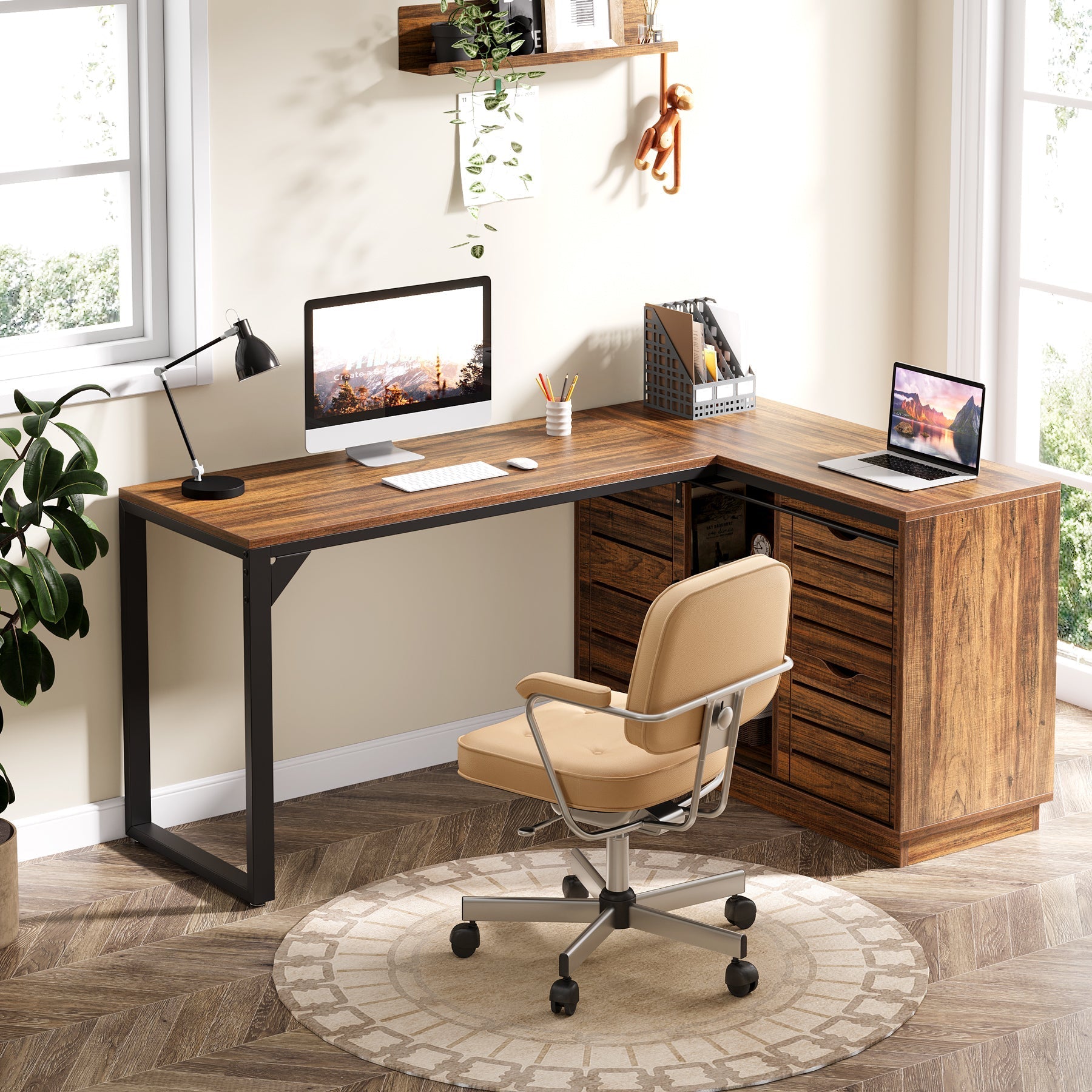 140 cm Computer Desk, L-Shaped Corner Desk Office Desk with File Drawers