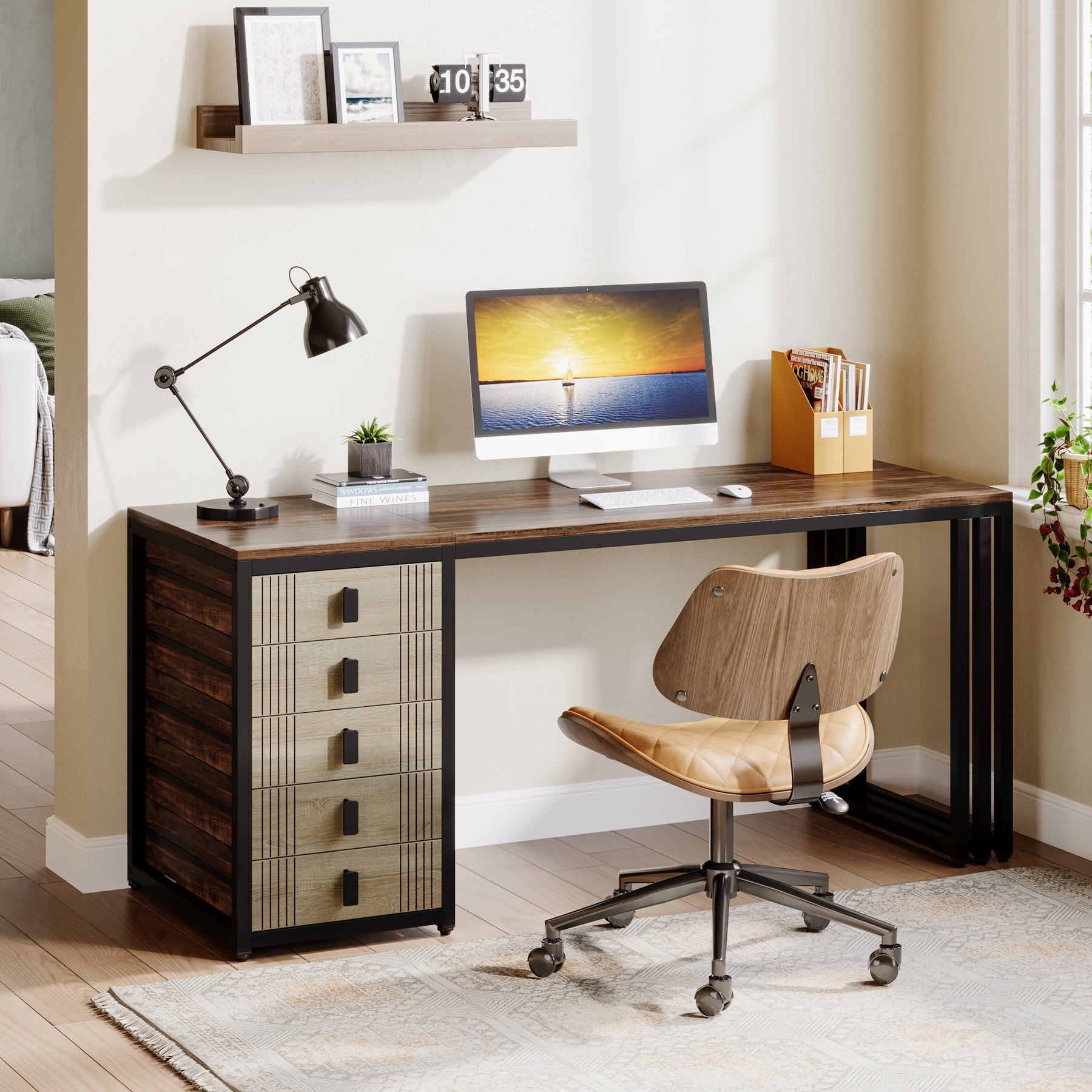 140 cm Computer Desk, Wood Office Desk with Reversible Drawer