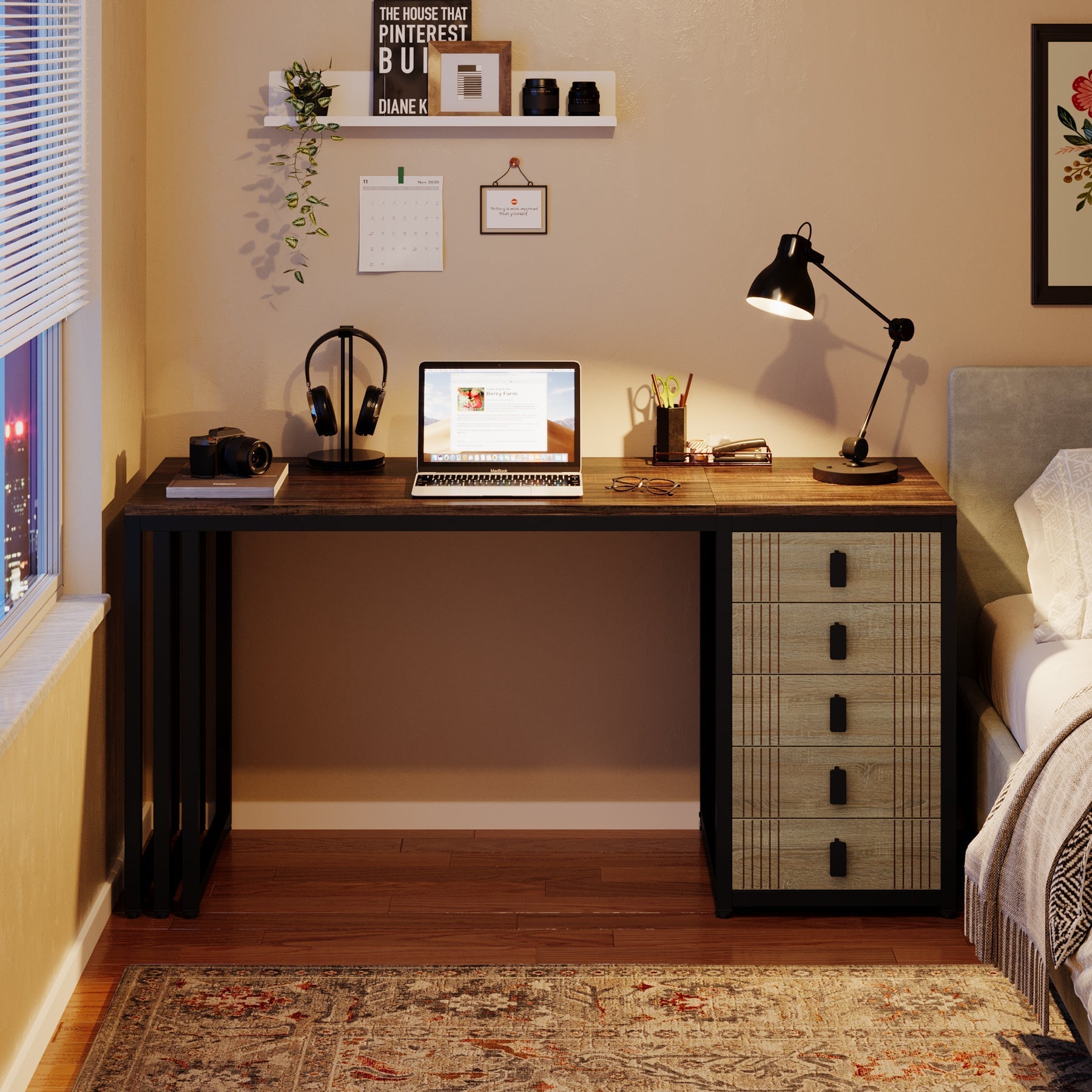 140 cm Computer Desk, Wood Office Desk with Reversible Drawer