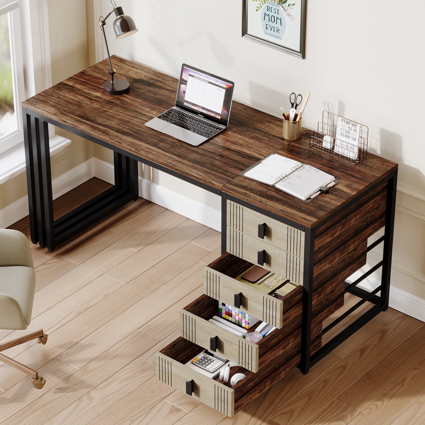 140 cm Computer Desk, Wood Office Desk with Reversible Drawer