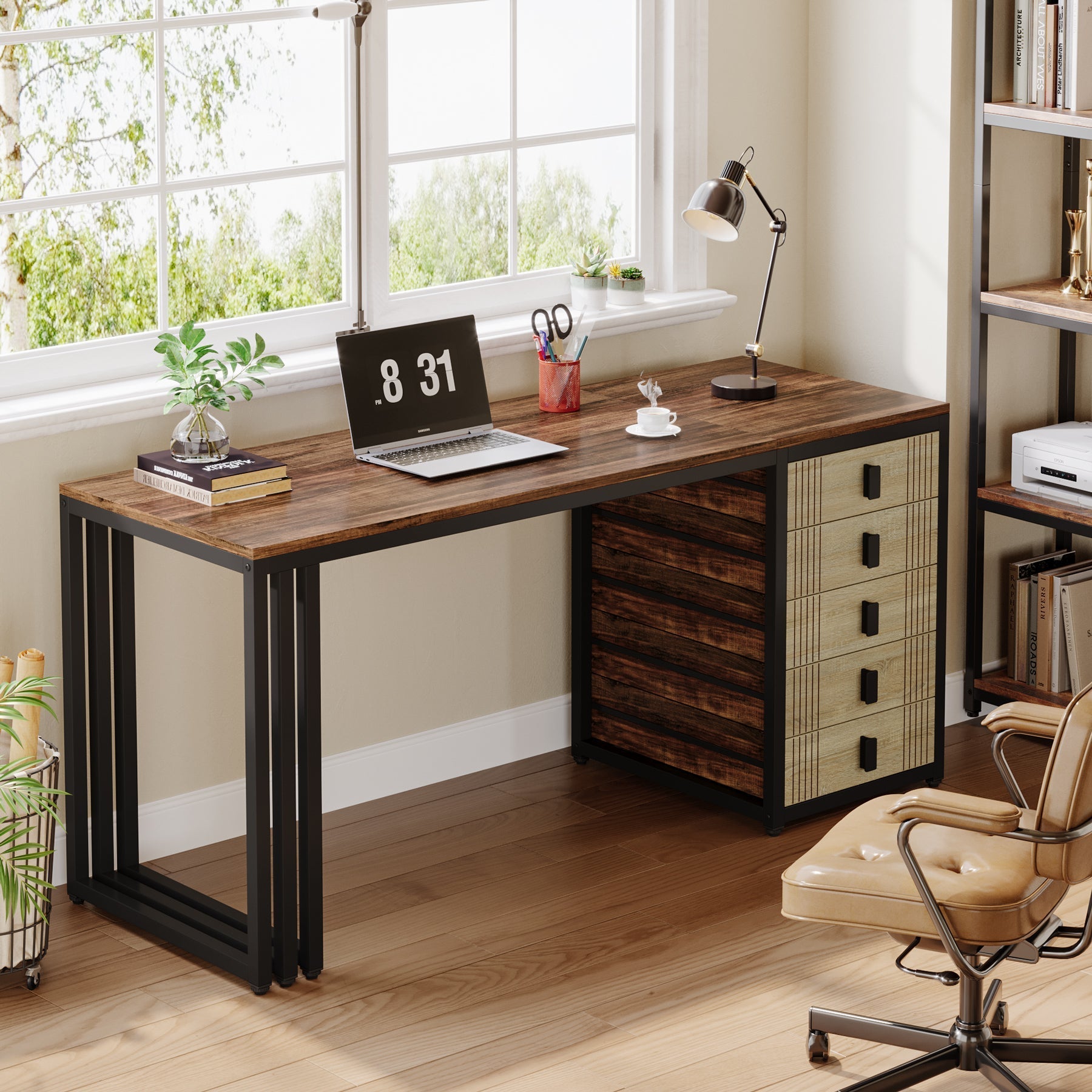 140 cm Computer Desk, Wood Office Desk with Reversible Drawer