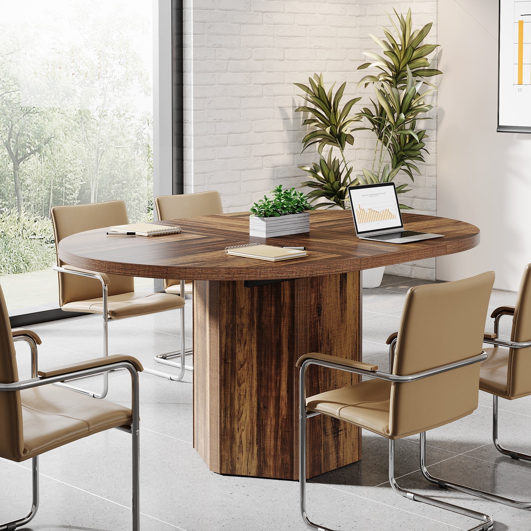 140 cm Conference Table, Oval Rustic Meeting Table for 6 People