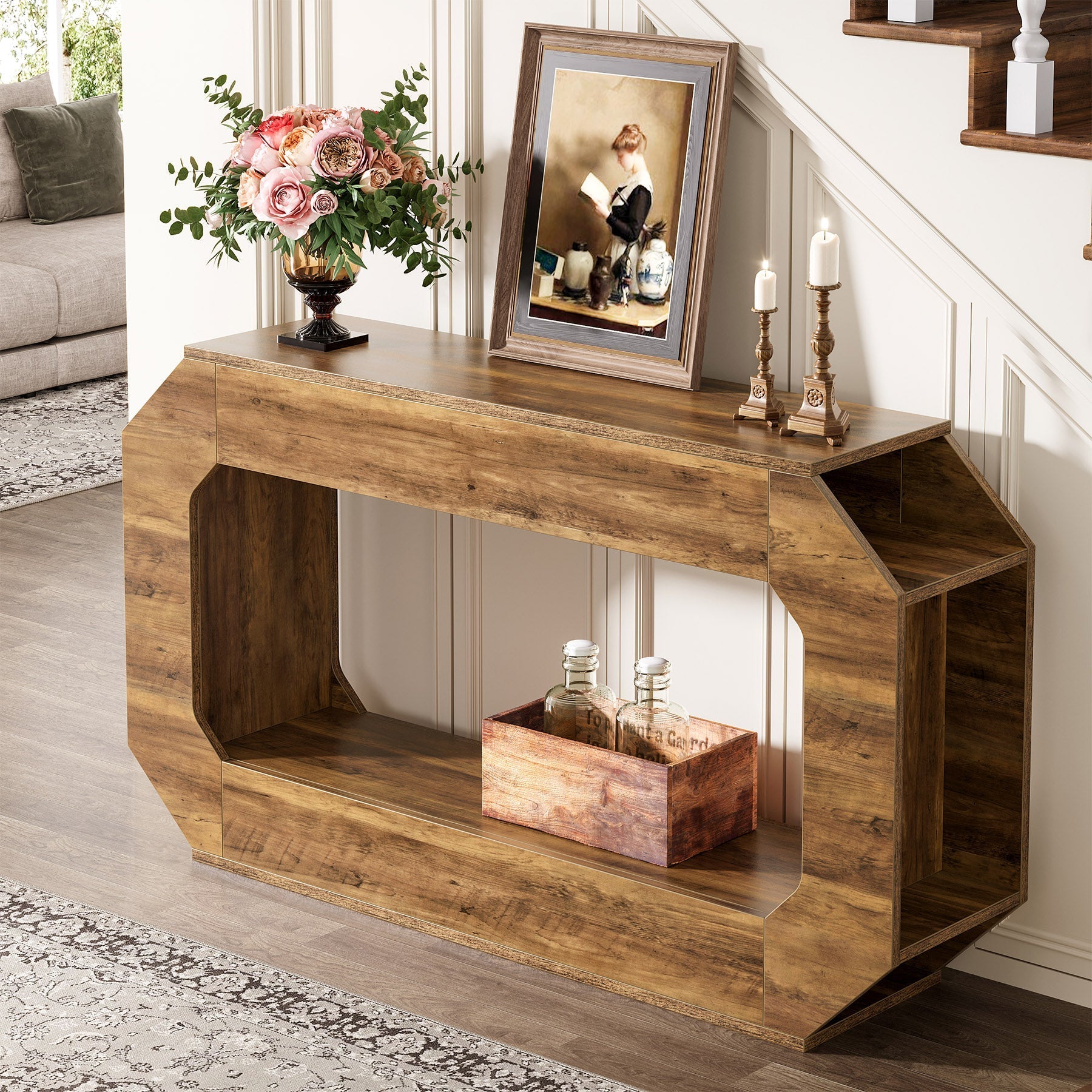 140 cm Console Table, 2-Tier Farmhouse Entryway Table Sofa Table with Storage