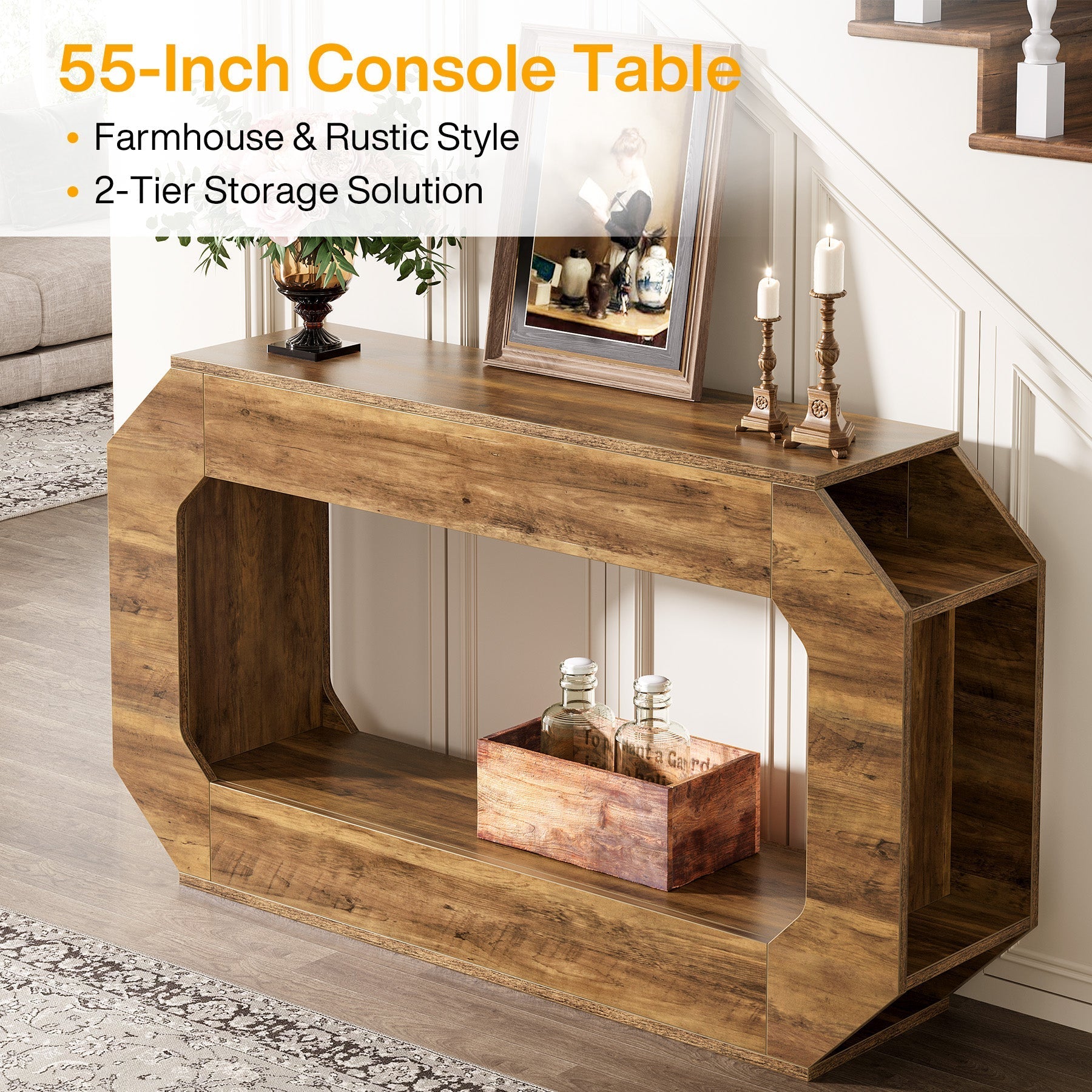 140 cm Console Table, 2-Tier Farmhouse Entryway Table Sofa Table with Storage