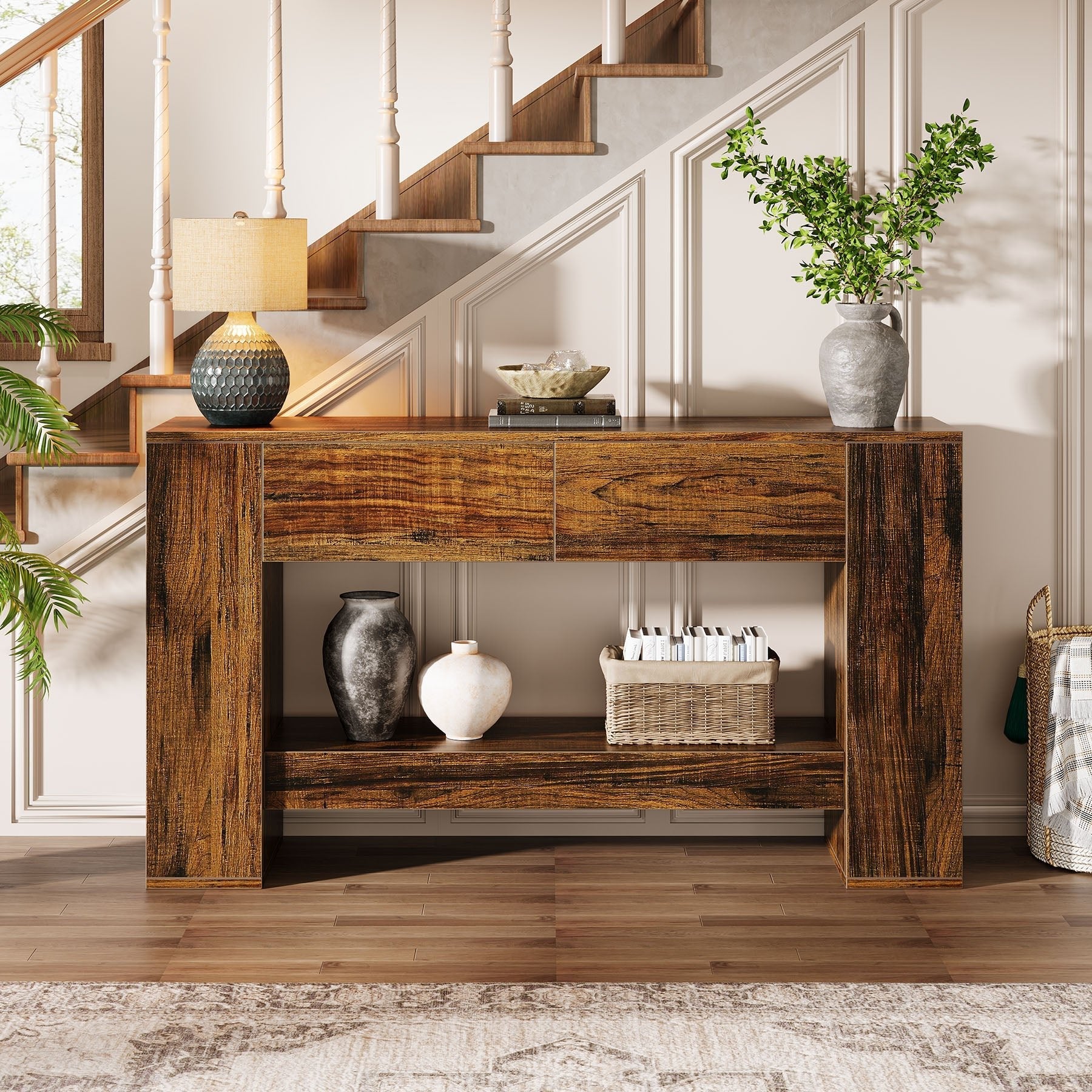 140 cm Console Table, 2-Tier Wooden Sofa Table with 2 Drawers