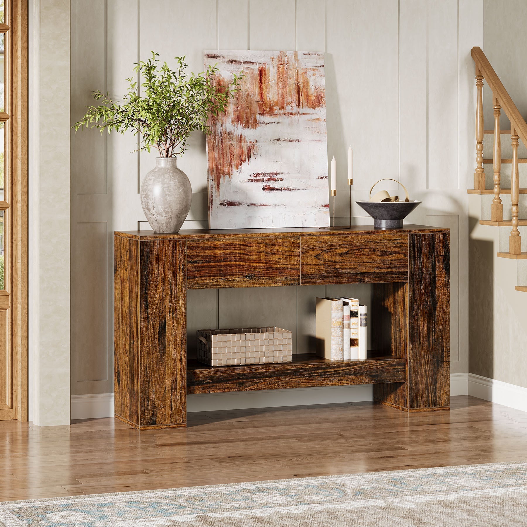 140 cm Console Table, 2-Tier Wooden Sofa Table with 2 Drawers