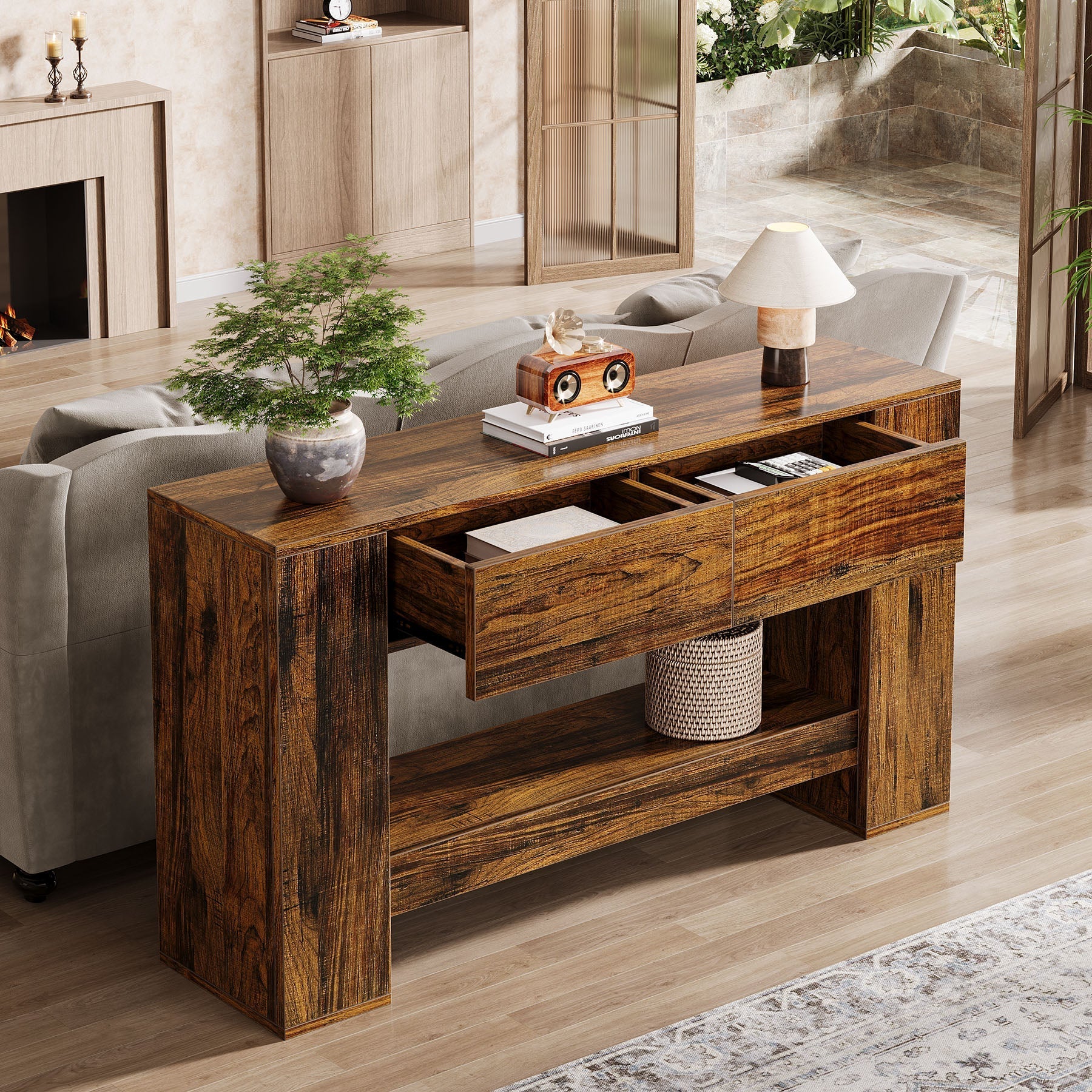 140 cm Console Table, 2-Tier Wooden Sofa Table with 2 Drawers