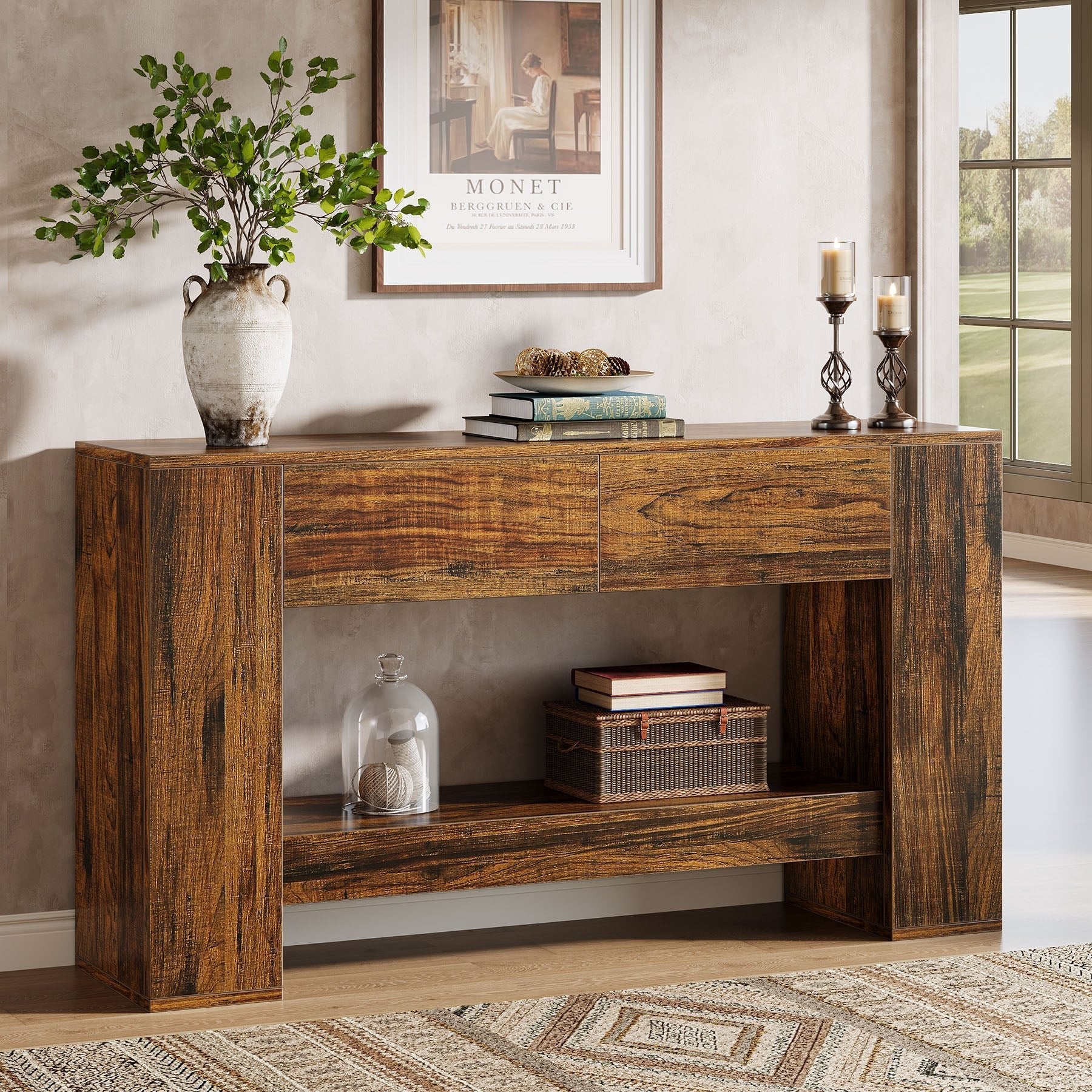 140 cm Console Table, 2-Tier Wooden Sofa Table with 2 Drawers