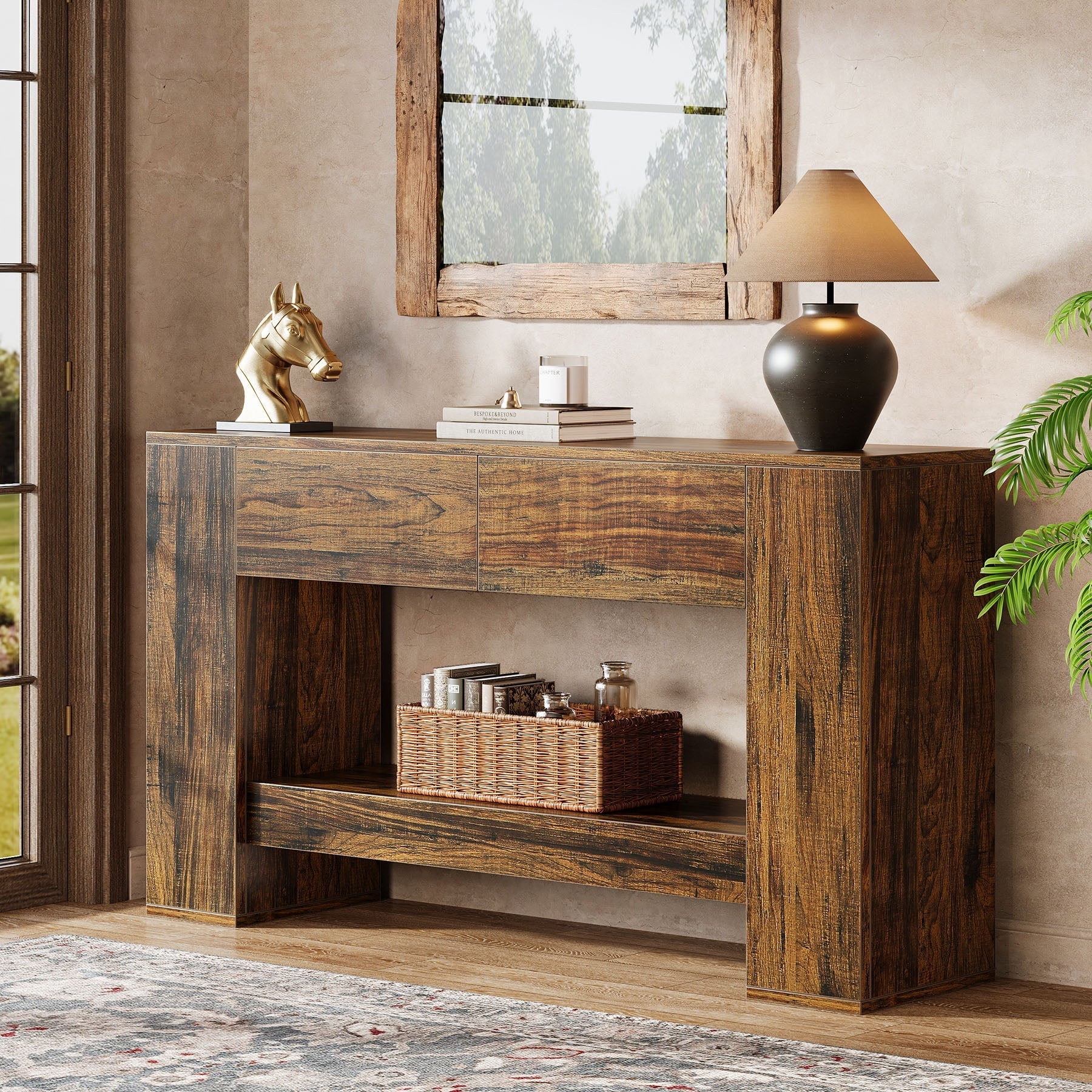 140 cm Console Table, 2-Tier Wooden Sofa Table with 2 Drawers