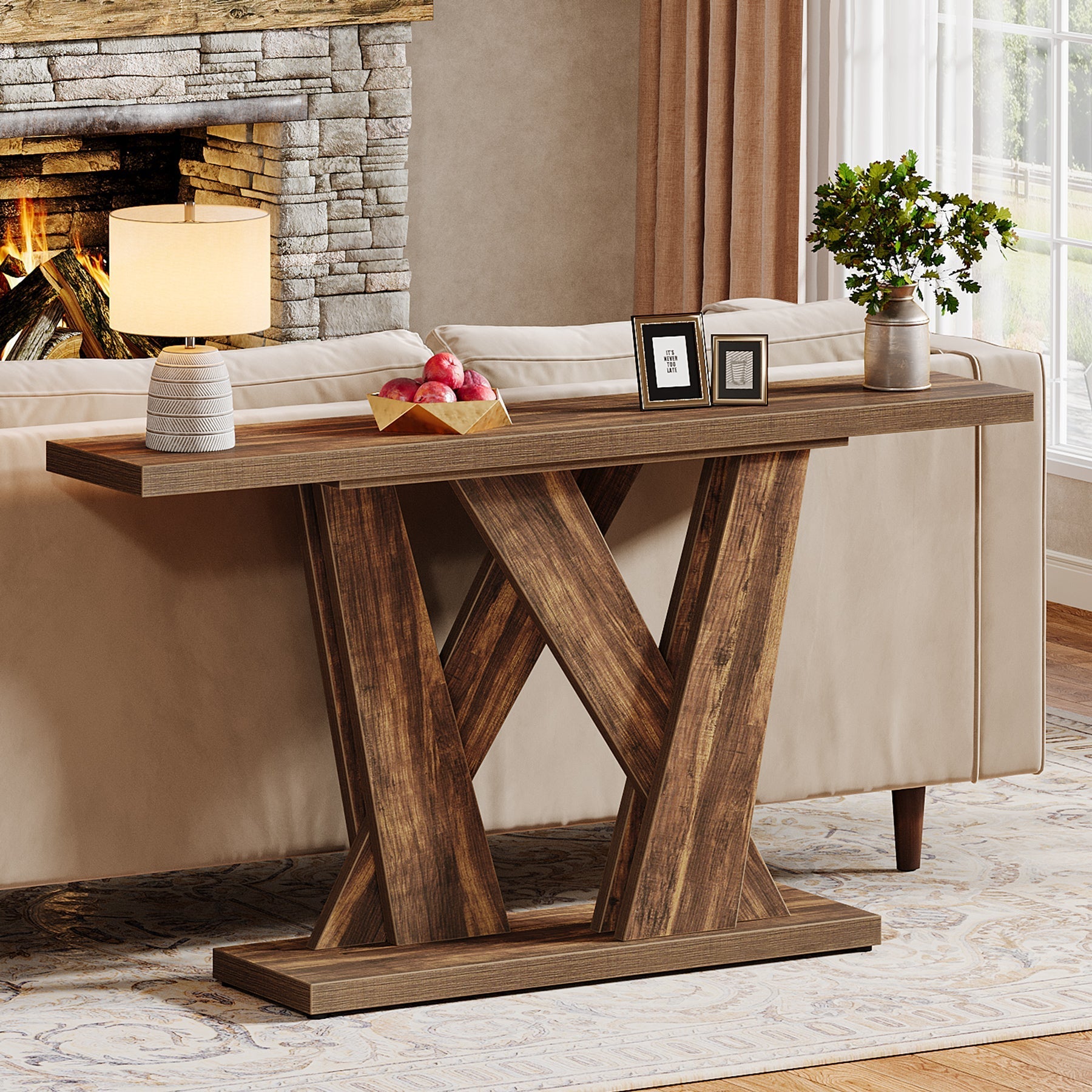 140 cm Console Table, Farmhouse Entryway Table with Geometric Base