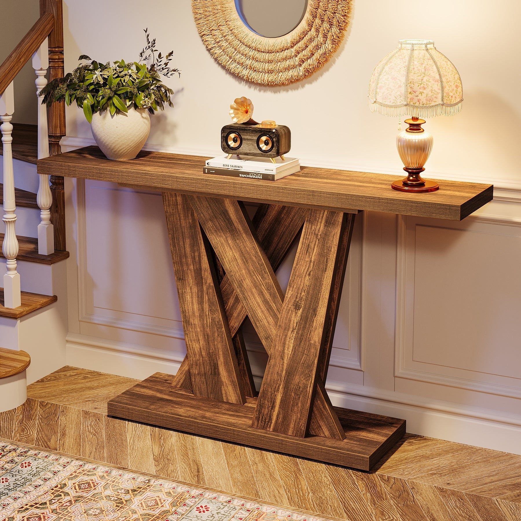 140 cm Console Table, Farmhouse Entryway Table with Geometric Base