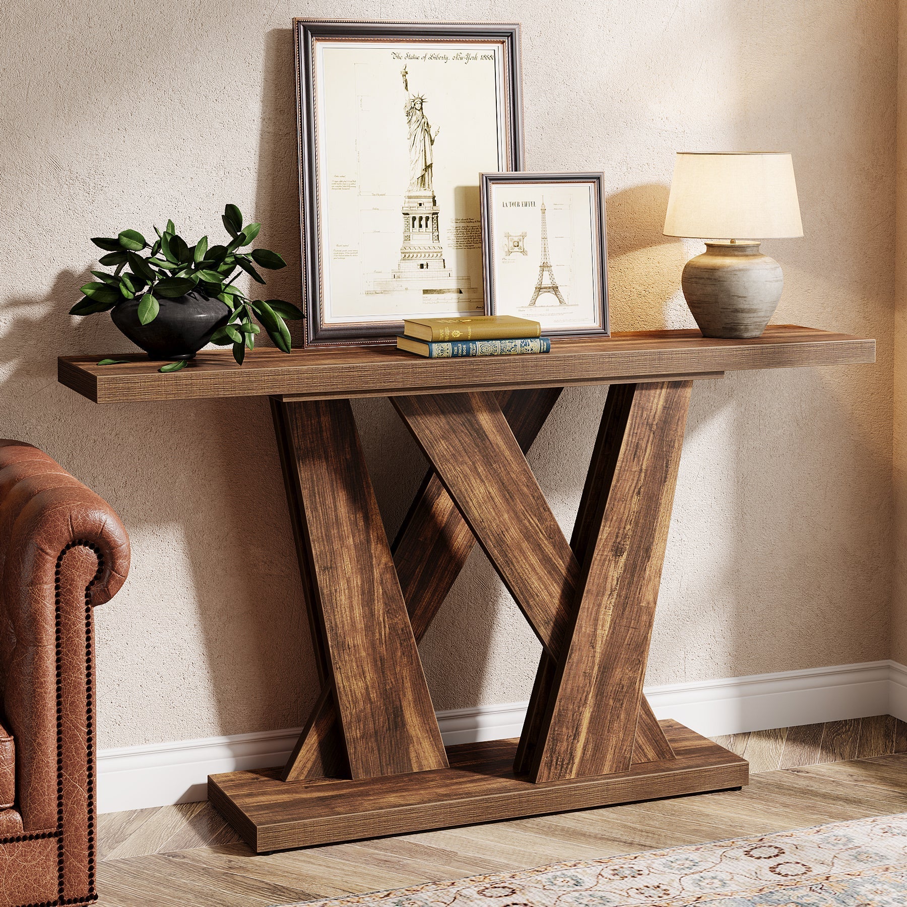 140 cm Console Table, Farmhouse Entryway Table with Geometric Base