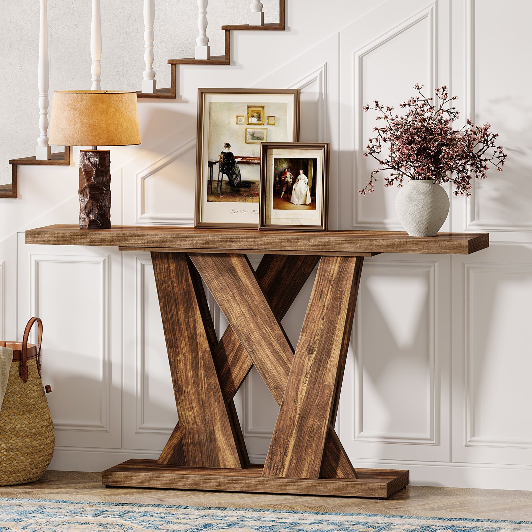 140 cm Console Table, Farmhouse Entryway Table with Geometric Base