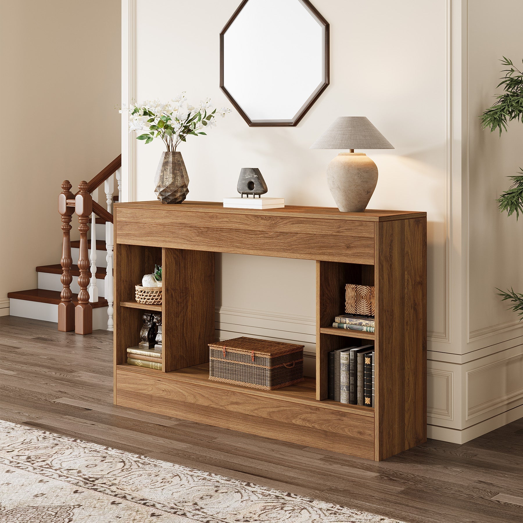 140 cm Console Table, Wood Sofa Table Hallway Table with Storage Cubes