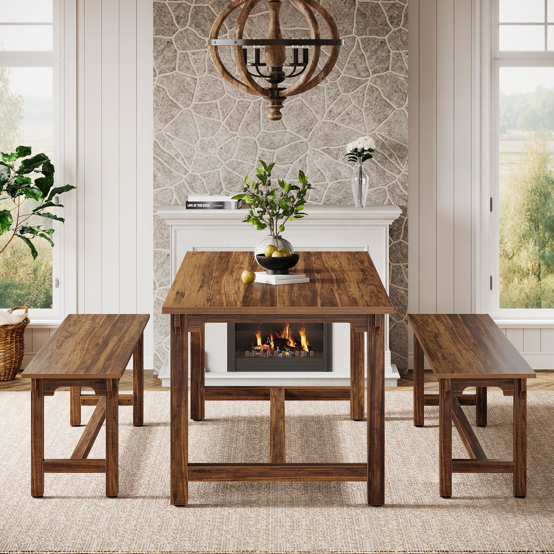 140 cm Dining Table Set, 3-Piece Kitchen Table Set with 2 Benches