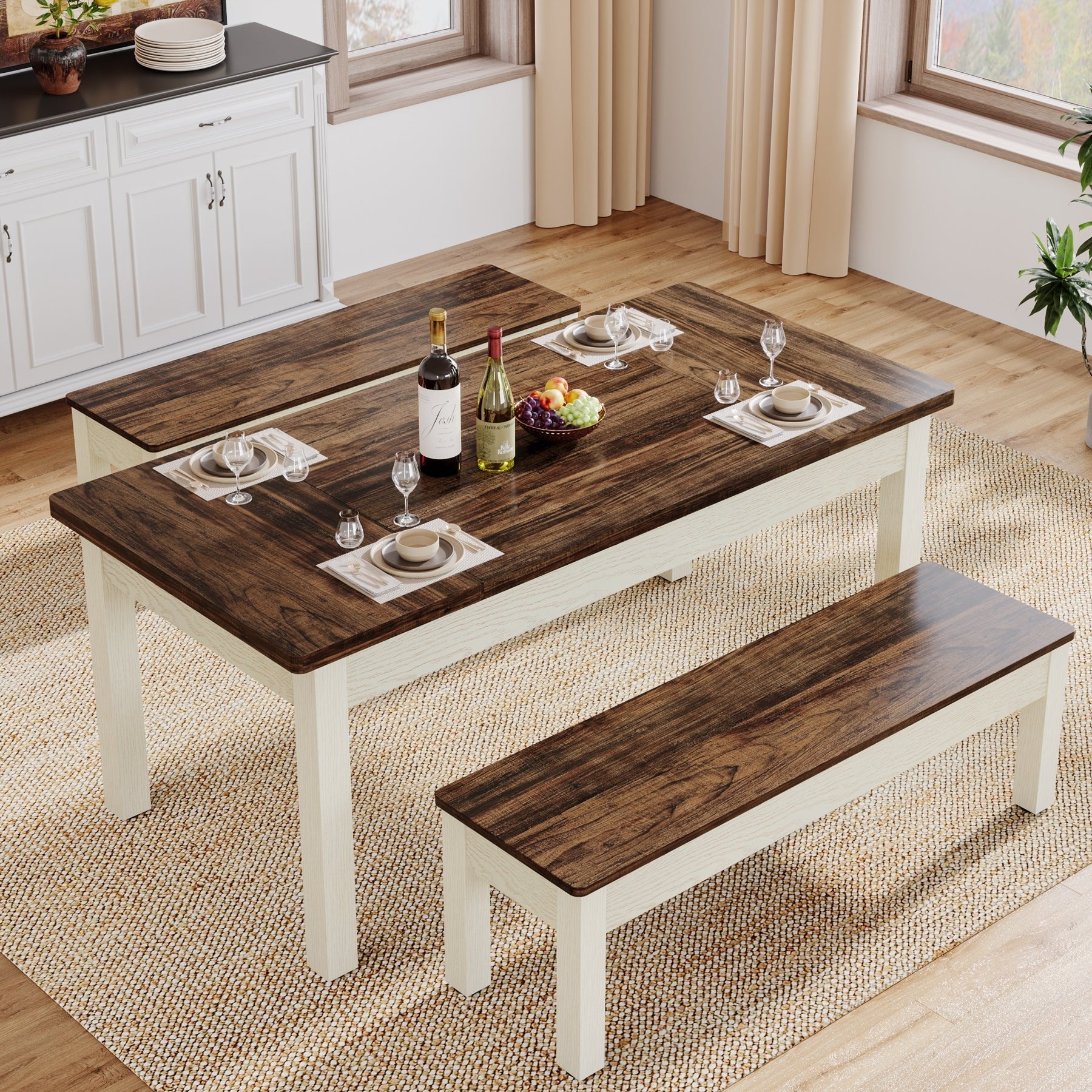 140 cm Dining Table Set, 3 Pieces Wood Kitchen Table with 2 Benches