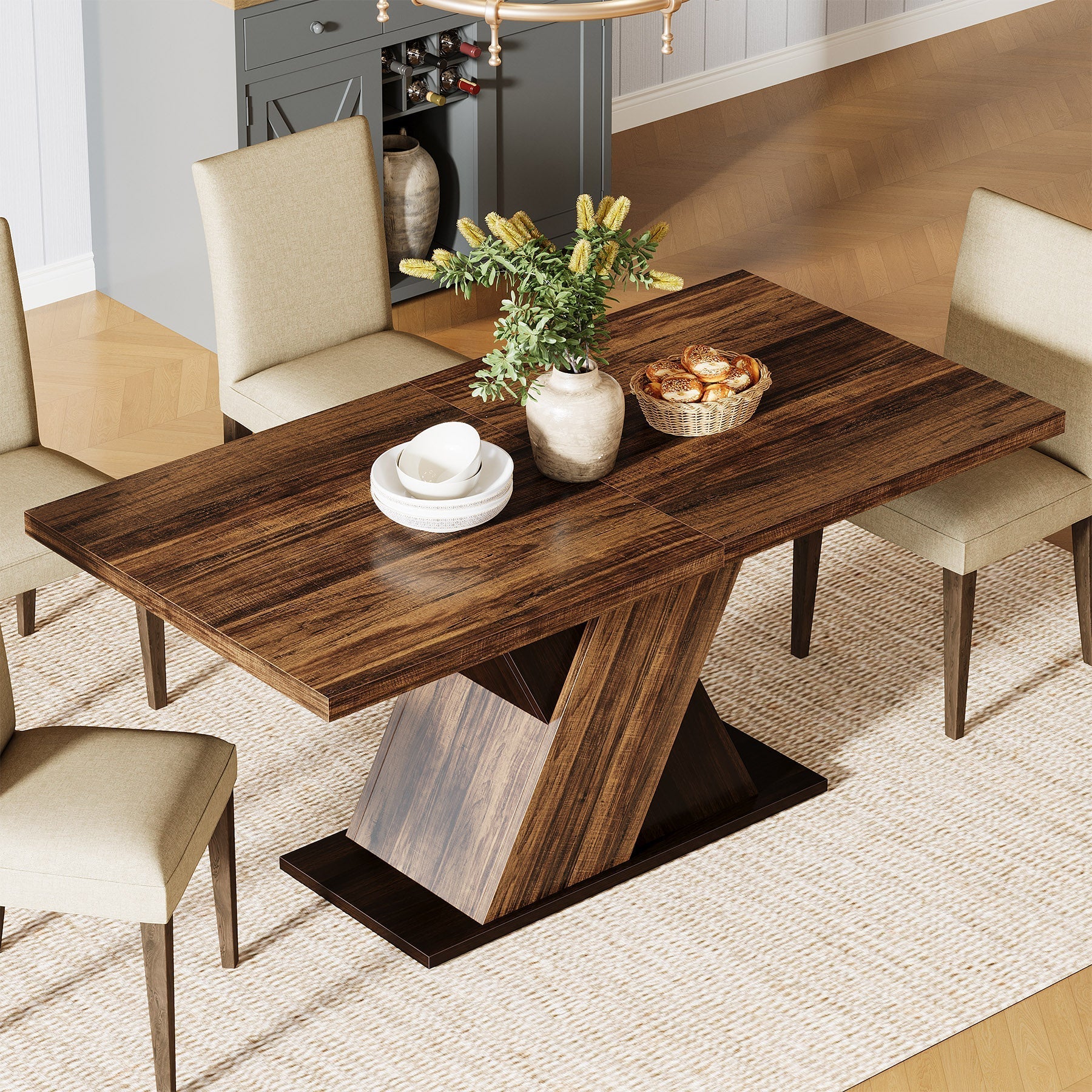 140 cm Dining Table, Wood Kitchen Dinner Table for 4-6