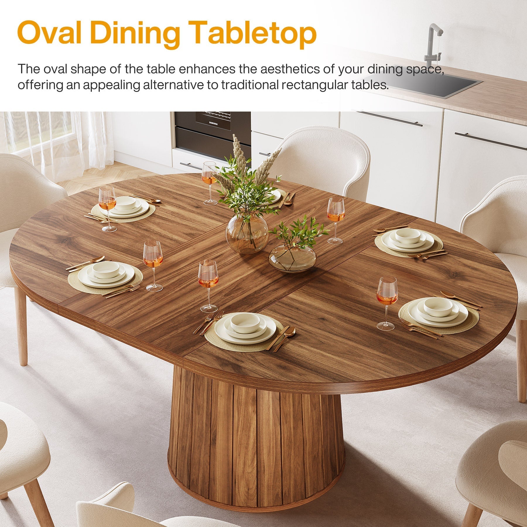 140 cm Dining Table, Wood Oval Kitchen Dinner Table