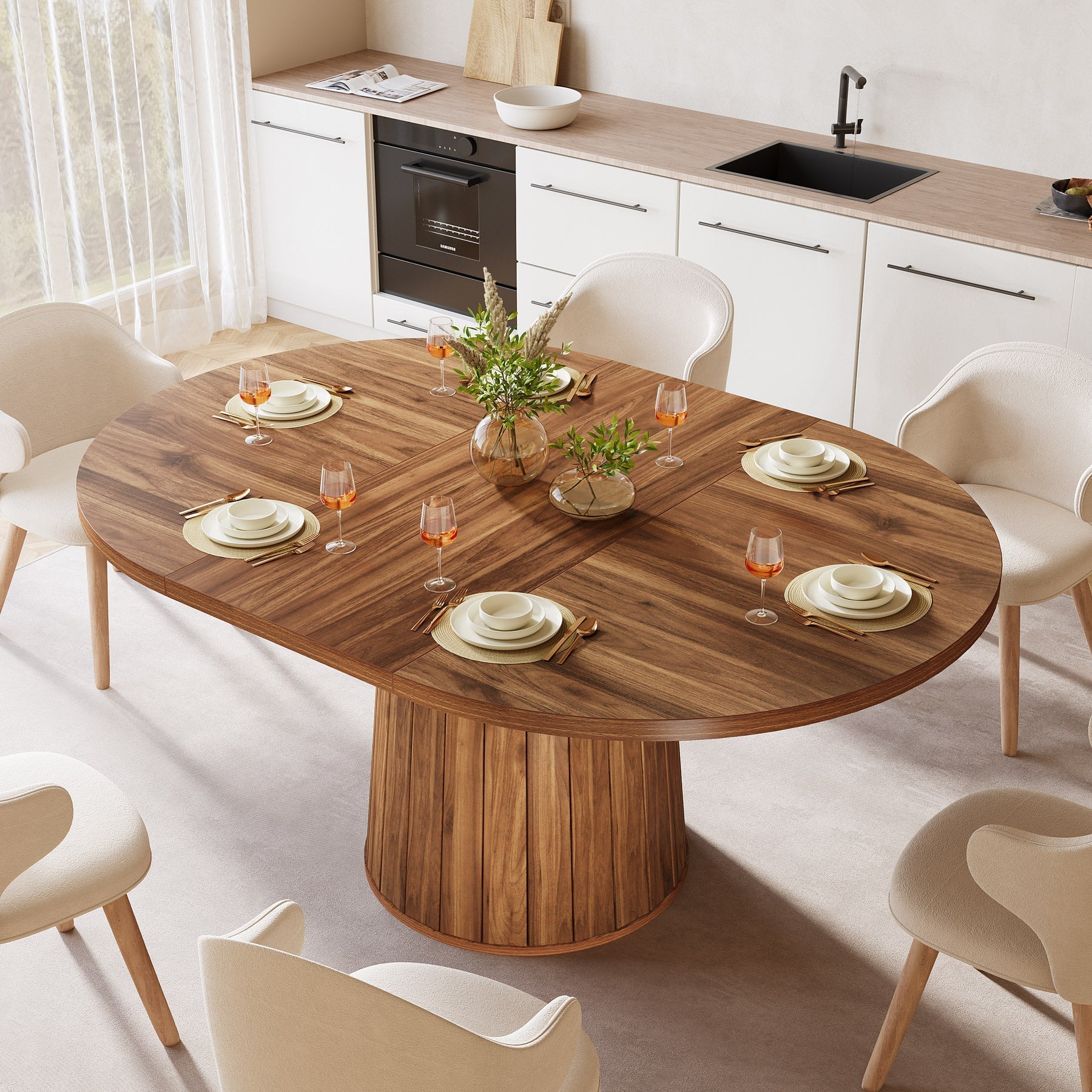 140 cm Dining Table, Wood Oval Kitchen Dinner Table