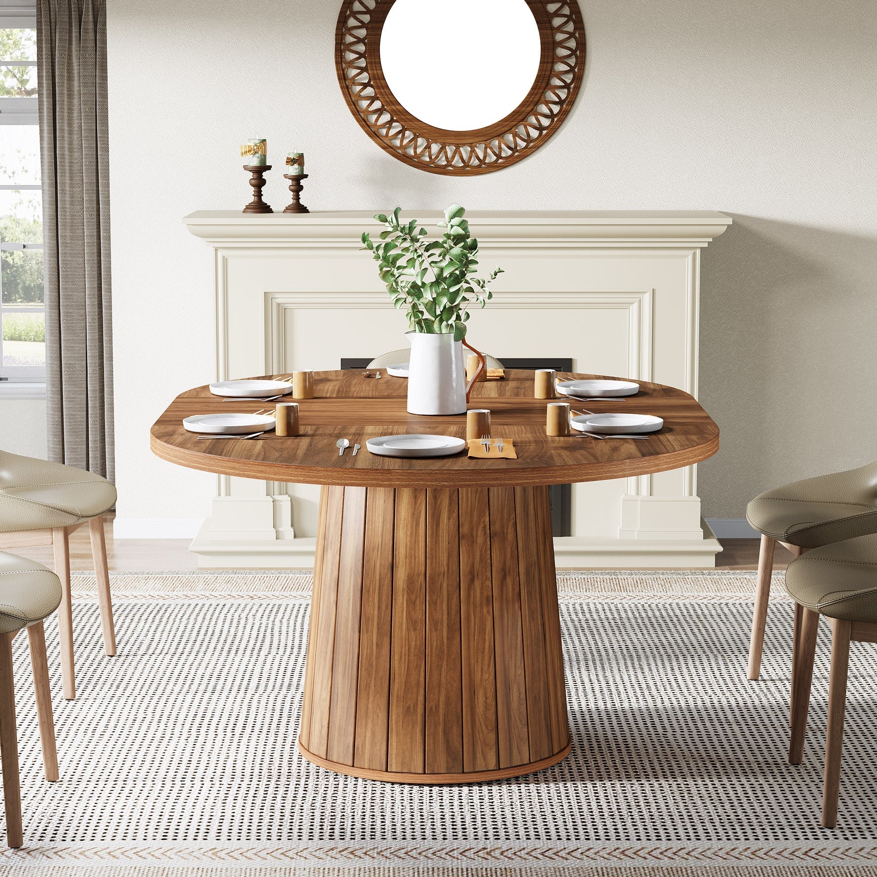 140 cm Dining Table, Wood Oval Kitchen Dinner Table