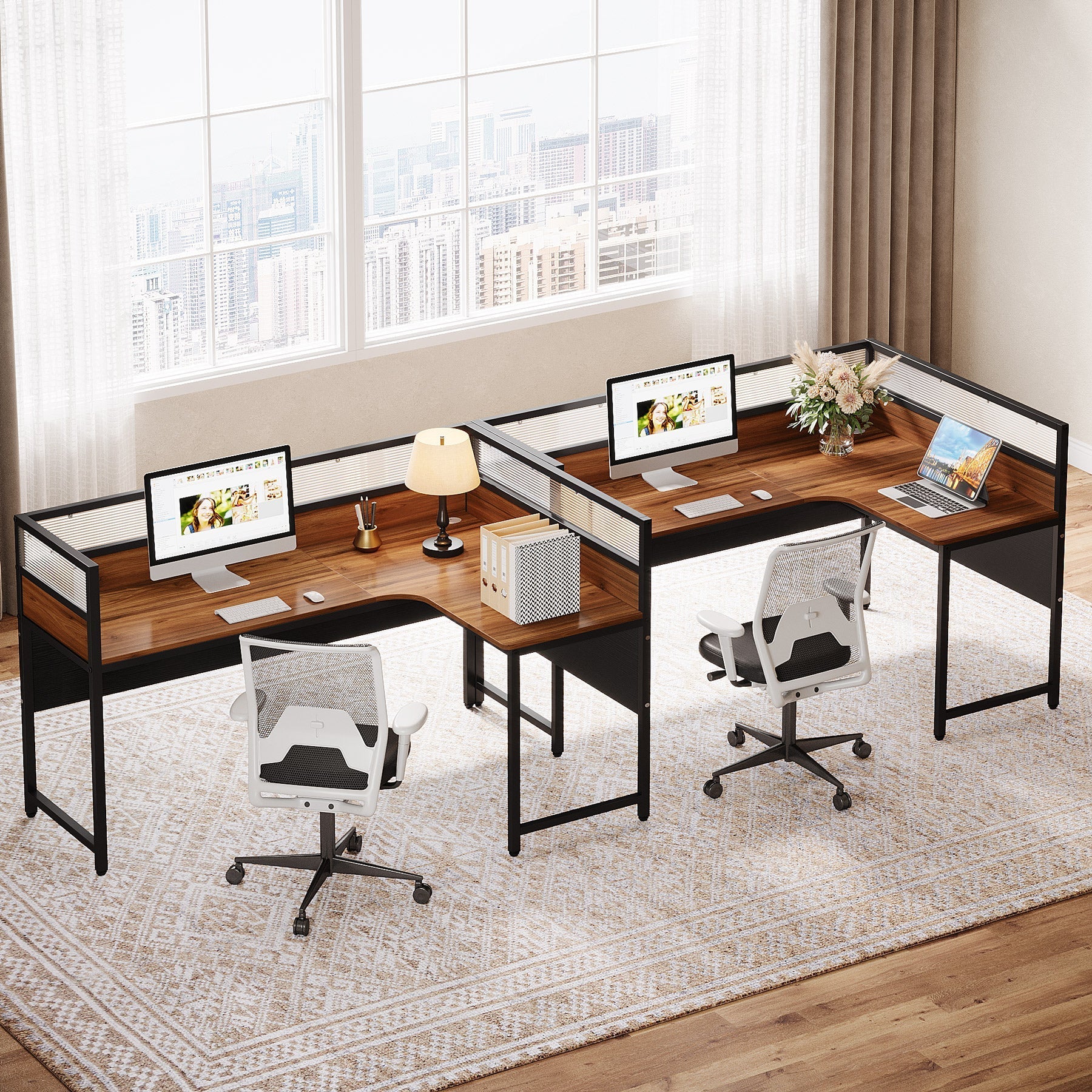 140 cm L-Shaped Computer Desk, Executive Desk Corner Office Desk with Baffle Plate