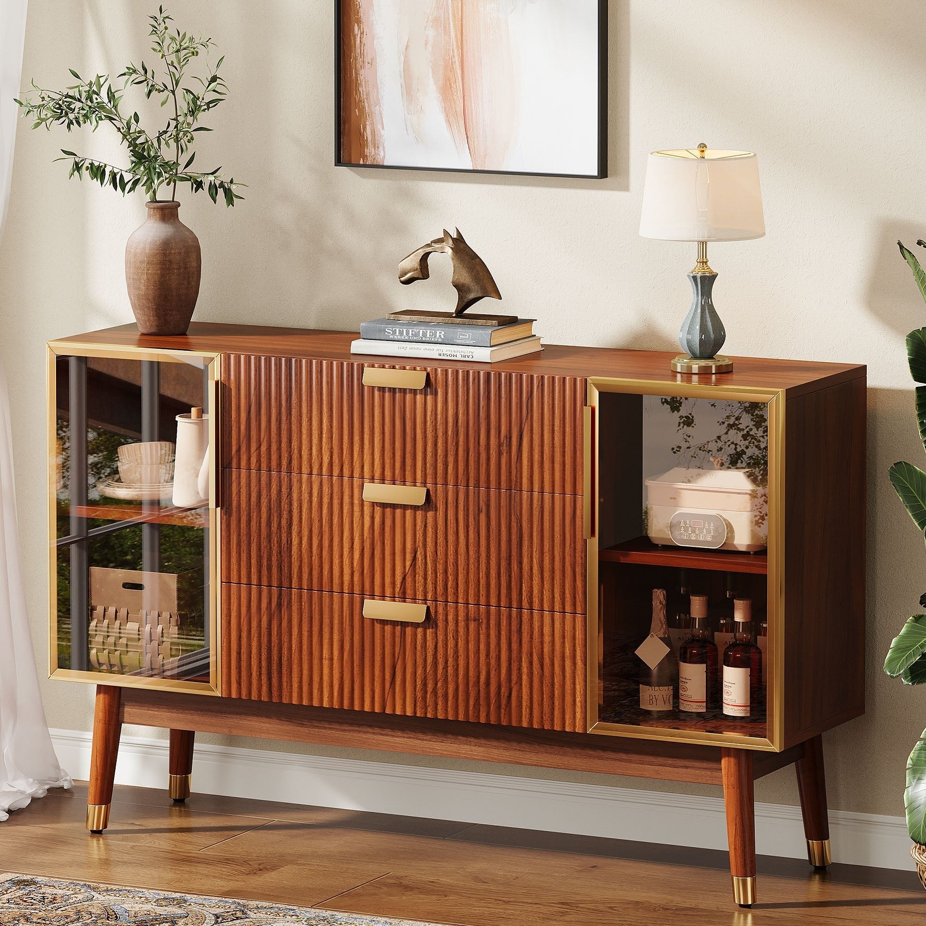 140 cm Sideboard Buffet, Mid-Century Buffet Storage Cabinet with 3 Drawers