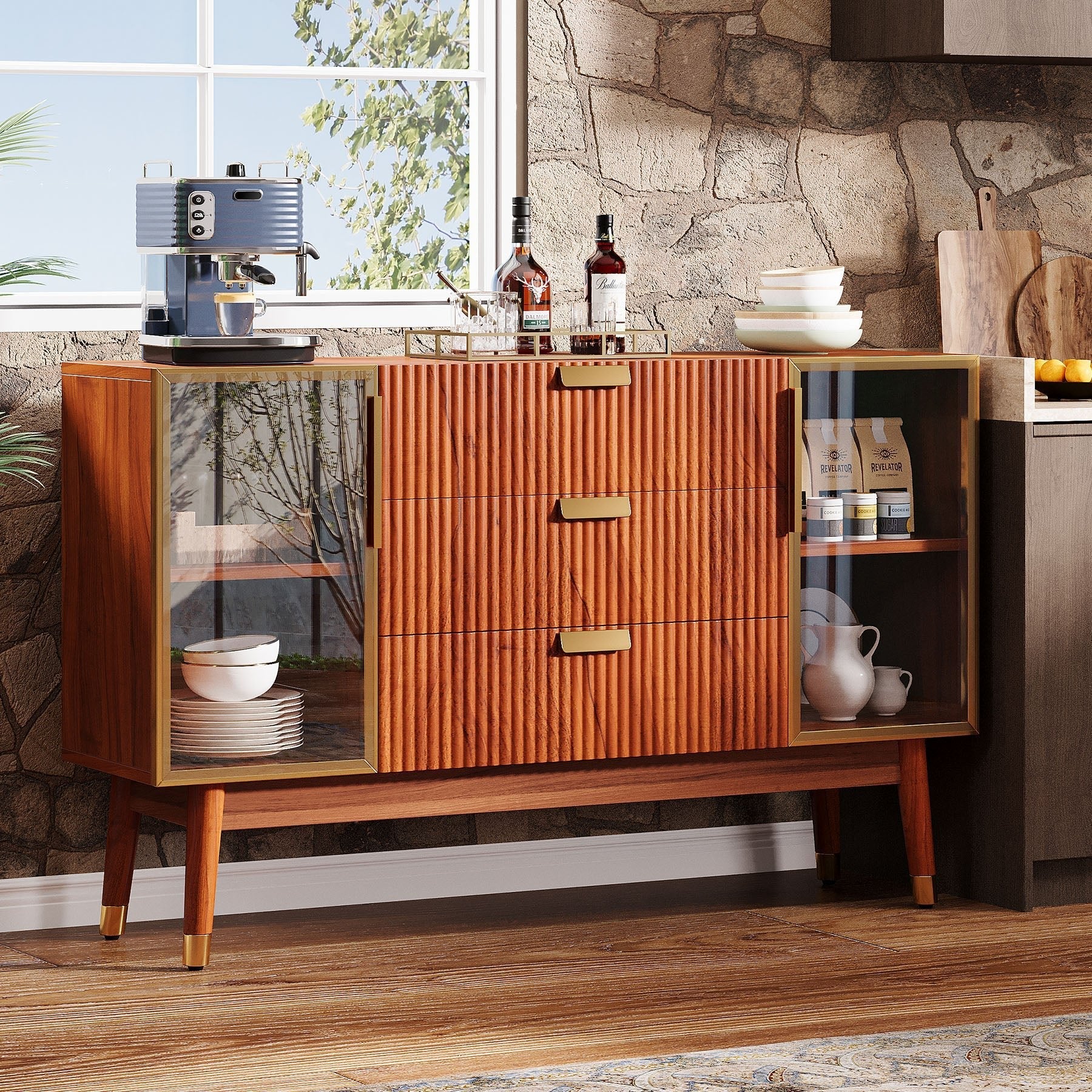 140 cm Sideboard Buffet, Mid-Century Buffet Storage Cabinet with 3 Drawers