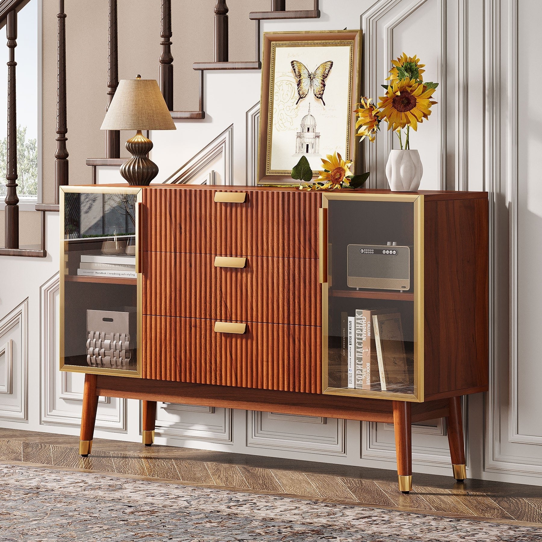 140 cm Sideboard Buffet, Mid-Century Buffet Storage Cabinet with 3 Drawers