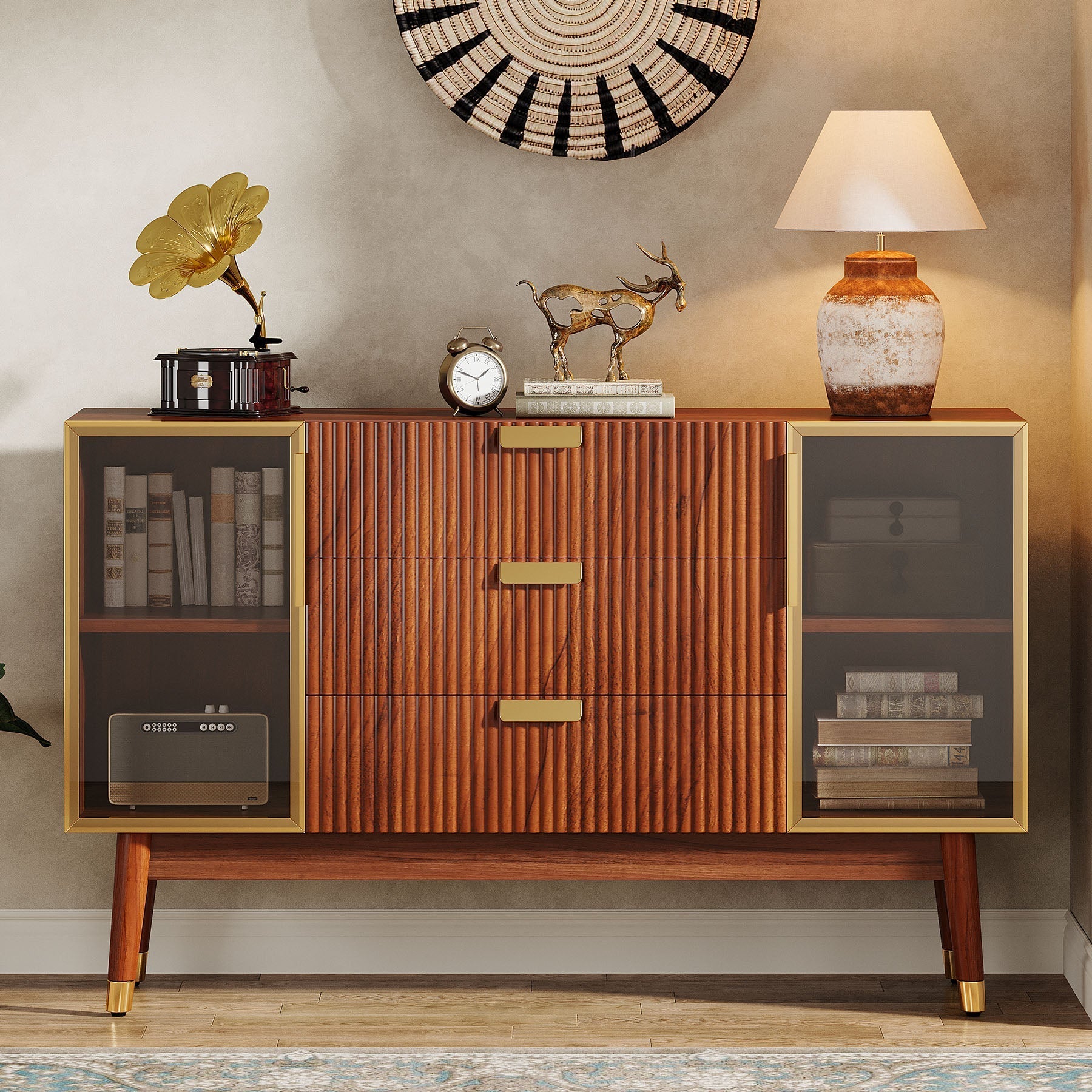 140 cm Sideboard Buffet, Mid-Century Buffet Storage Cabinet with 3 Drawers