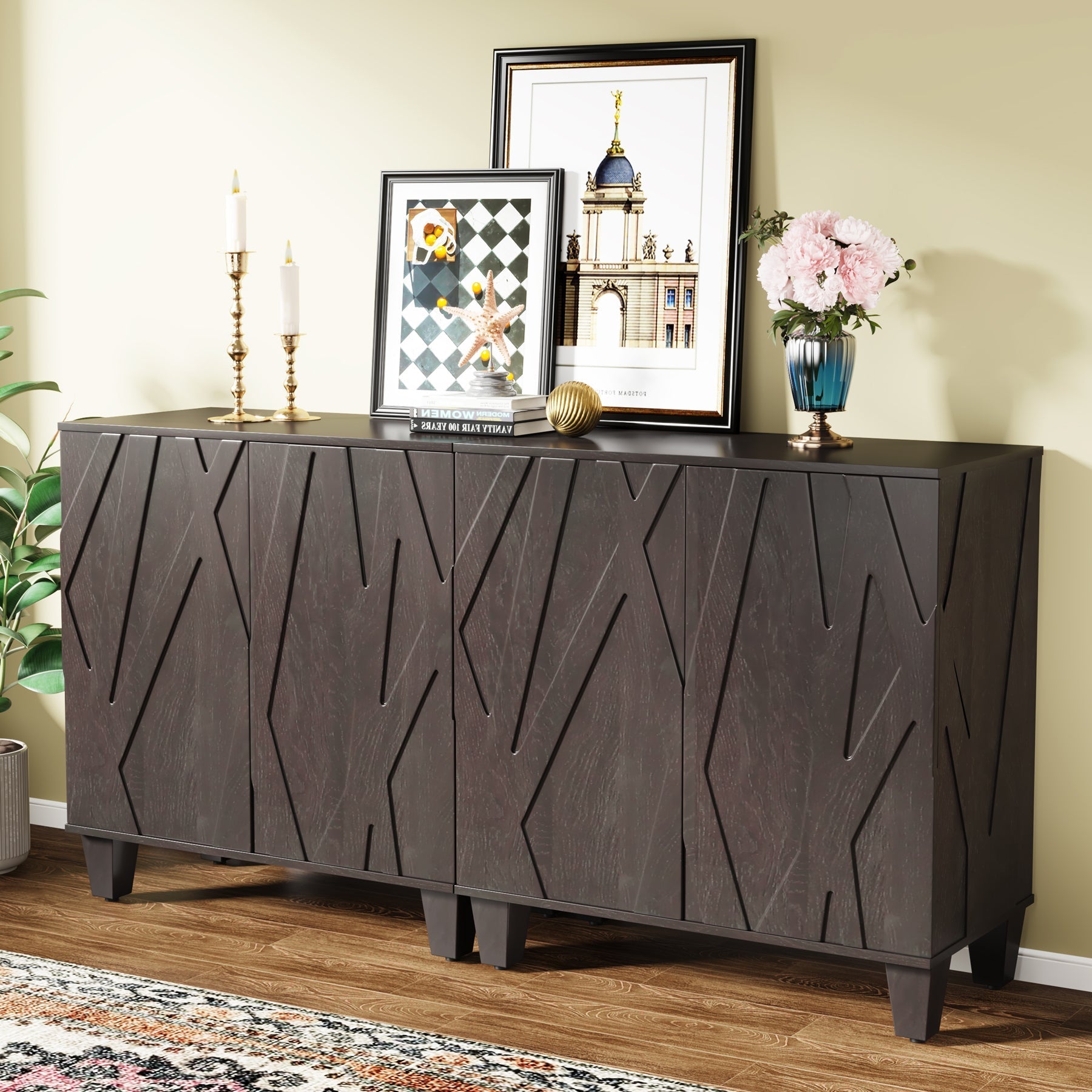 140 cm Sideboard Buffet Storage Credenza Cabinet with Solid Wood Legs