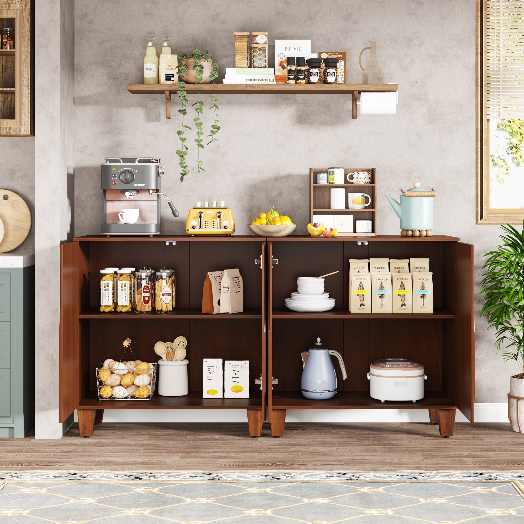 140 cm Sideboard Buffet Storage Credenza Cabinet with Solid Wood Legs