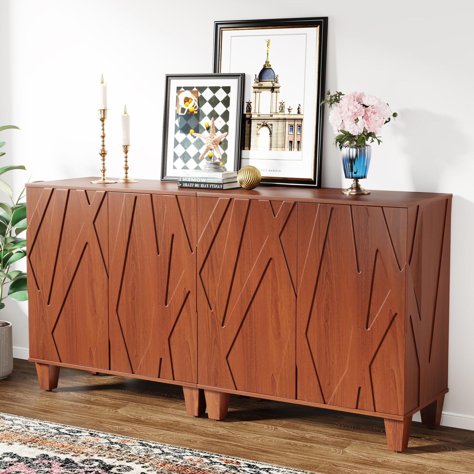 140 cm Sideboard Buffet Storage Credenza Cabinet with Solid Wood Legs