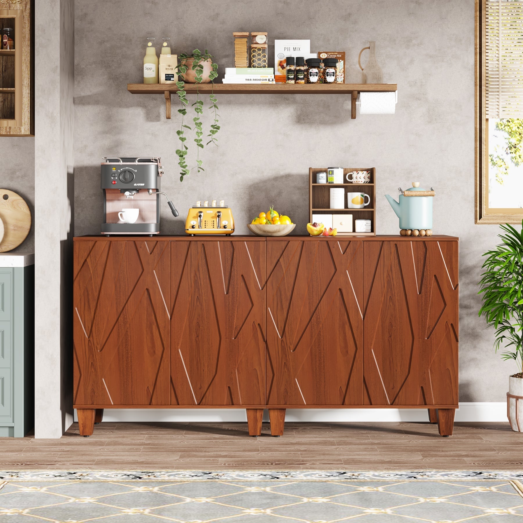 140 cm Sideboard Buffet Storage Credenza Cabinet with Solid Wood Legs