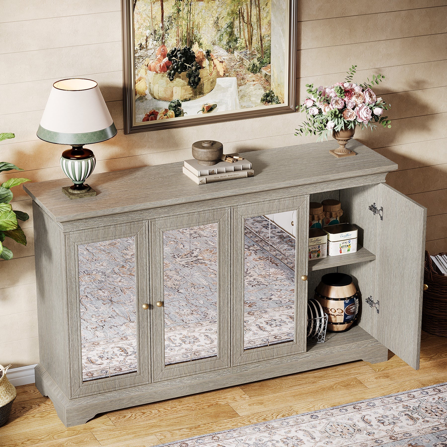 140 cm Sideboard Buffet, Wood Mirrored Buffet Cabinet with Adjustable Shelves