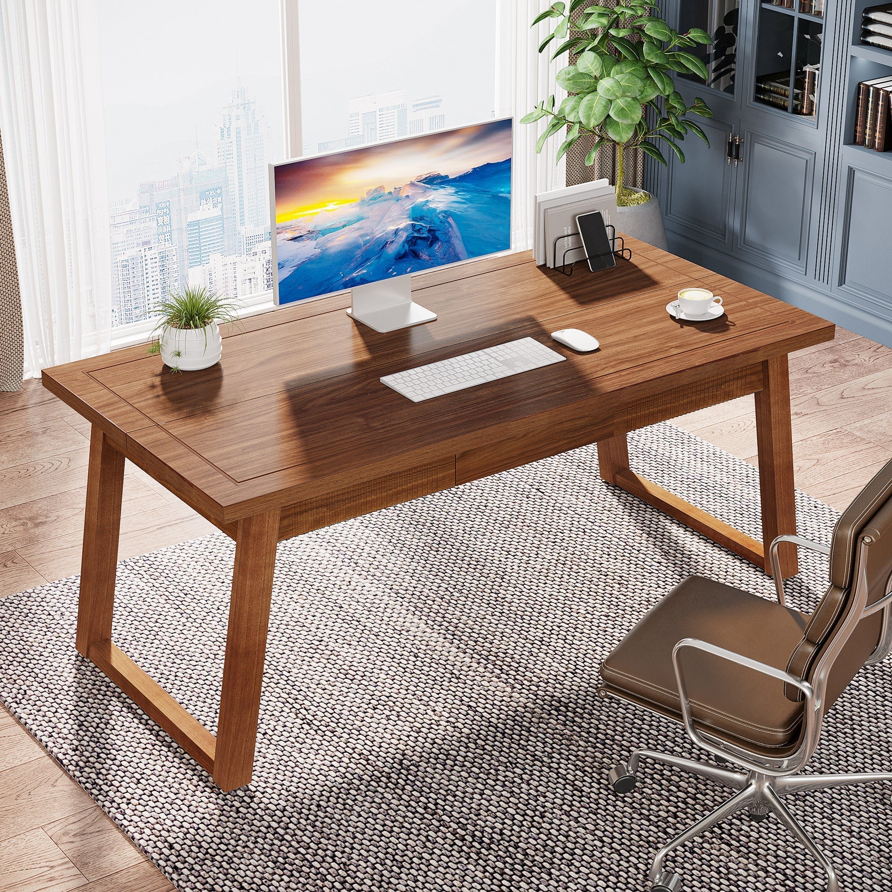 140 cm Wood Computer Desk, Mid-Century Modern Study Writing Table with Drawer