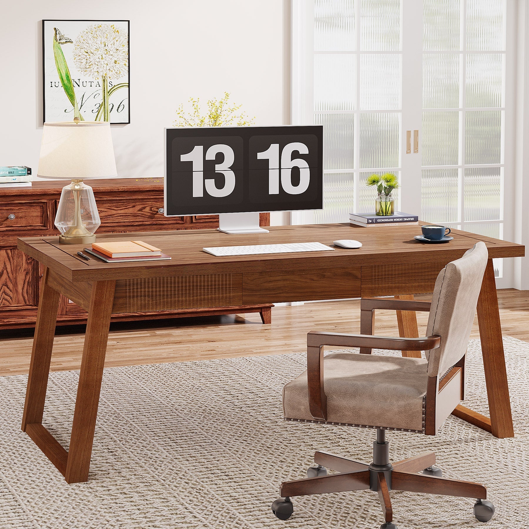 140 cm Wood Computer Desk, Mid-Century Modern Study Writing Table with Drawer