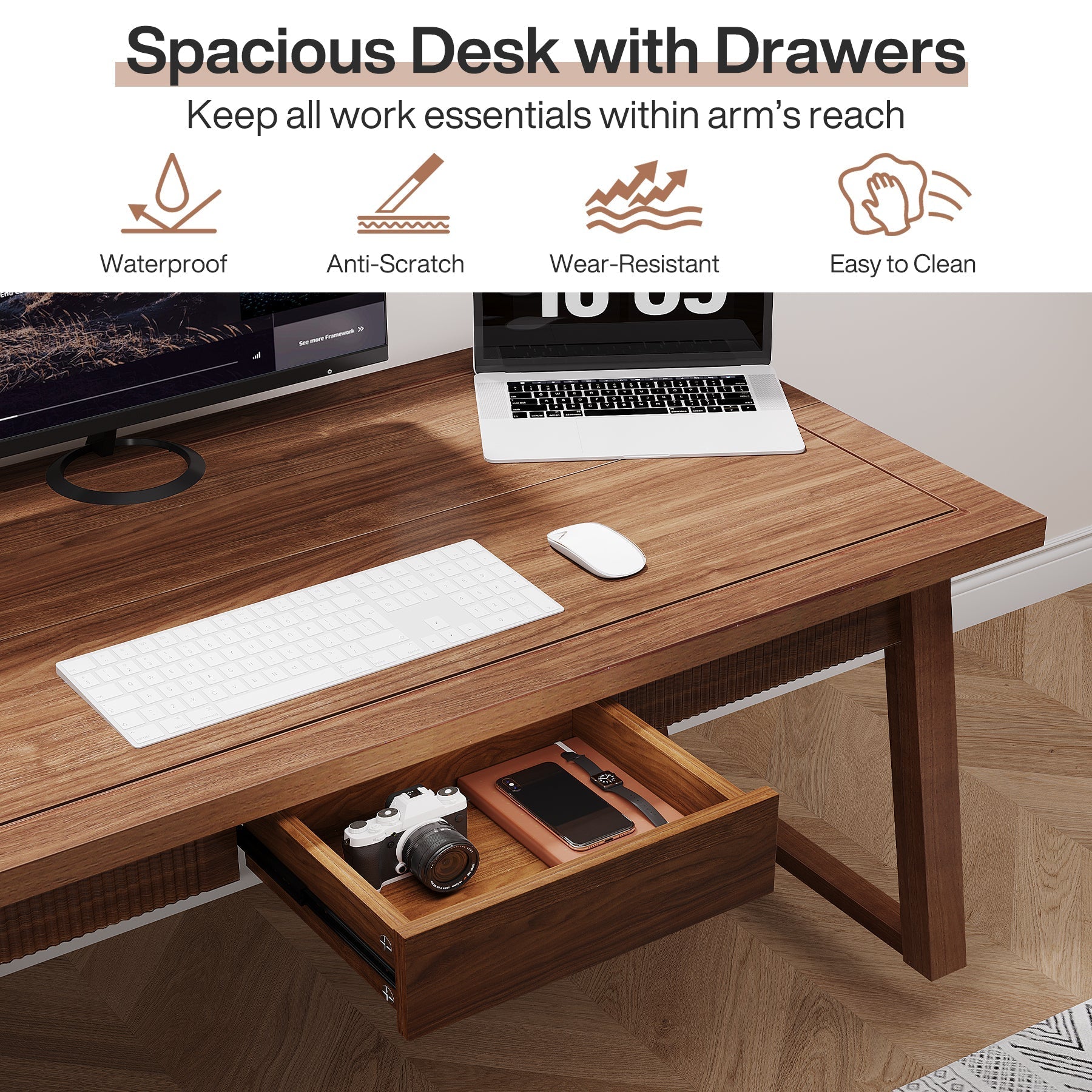 140 cm Wood Computer Desk, Mid-Century Modern Study Writing Table with Drawer