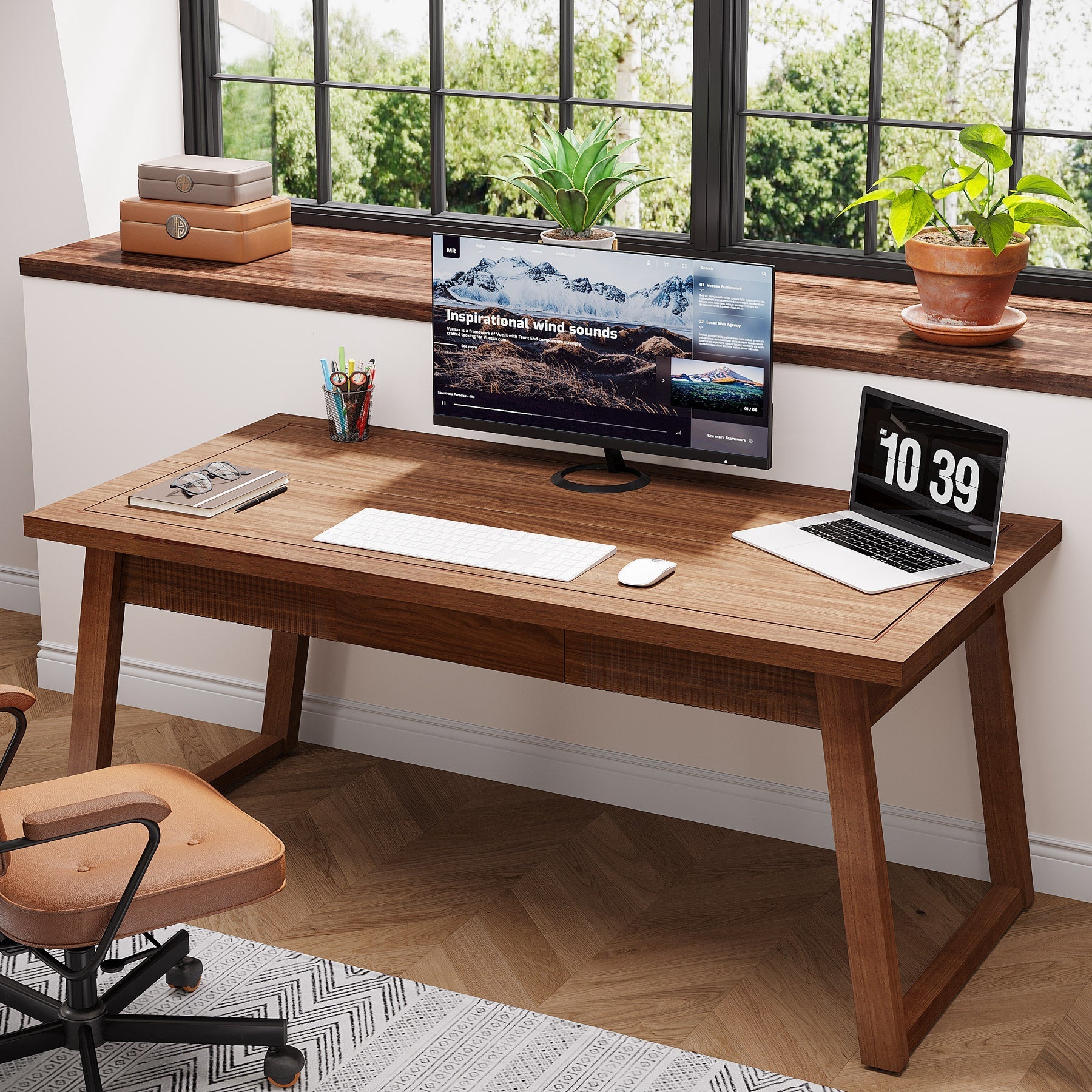 140 cm Wood Computer Desk, Mid-Century Modern Study Writing Table with Drawer