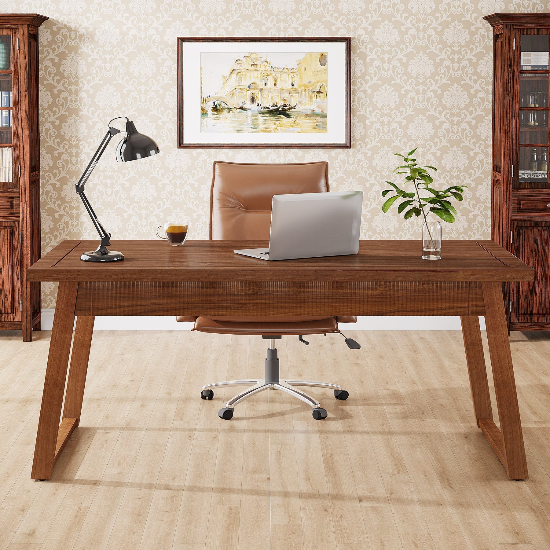 140 cm Wood Computer Desk, Mid-Century Modern Study Writing Table with Drawer