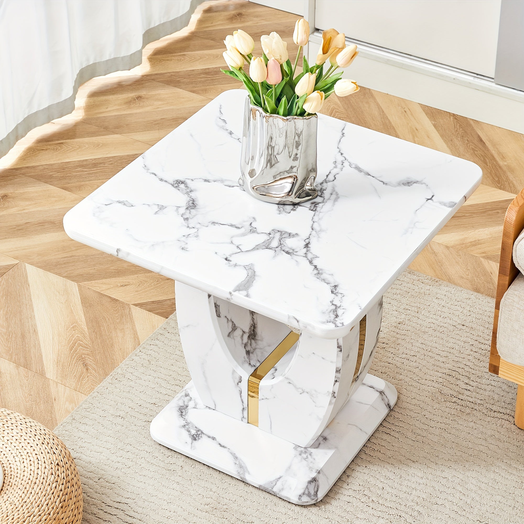 Modern Faux Marble Pattern Side Table with Golden Accents, 23.6" Square Top, Adjustable Foot Pads, And Sturdy Base - Perfect for Living Room Or Office, Easy to Install And Clean, Furniture for Home,, Valentines Decorations fo