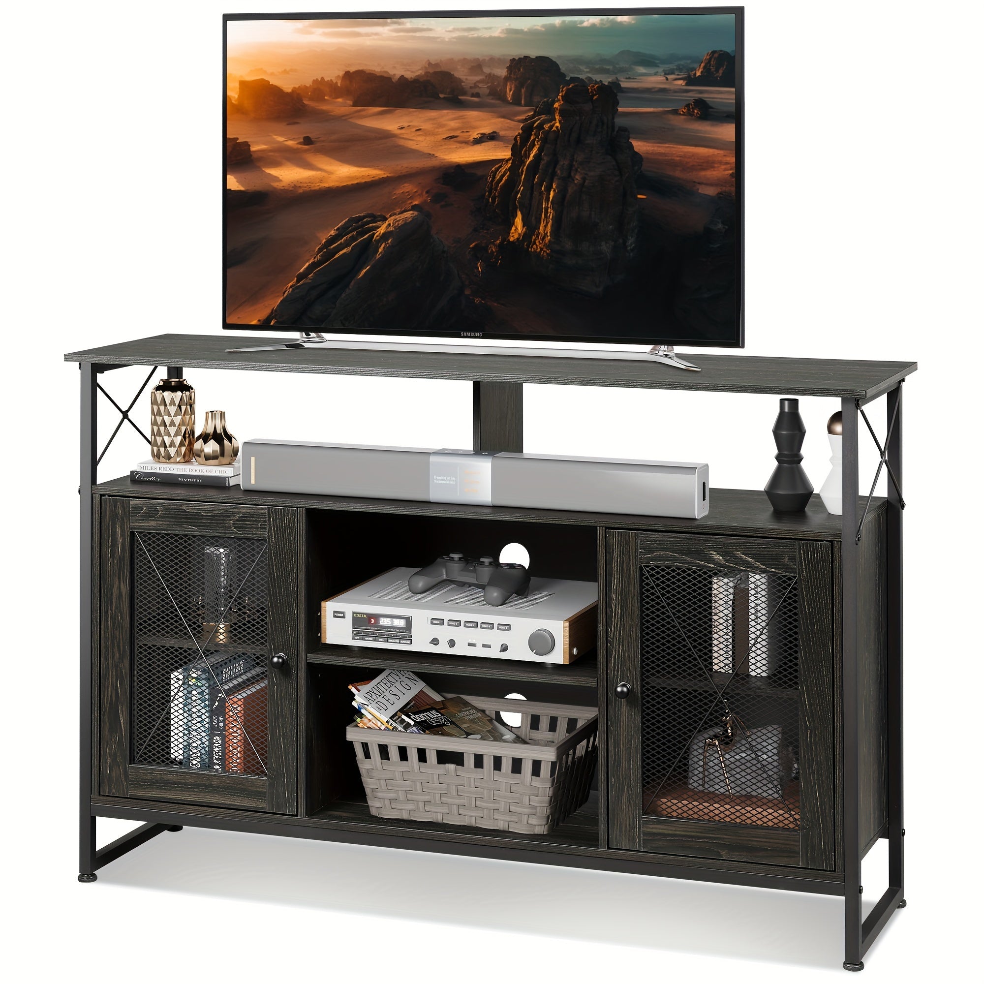 TV Stand 168cm TV, Tall Entertainment Center with Storage, Farmhouse Industrial TV Console for Bedroom Living Room