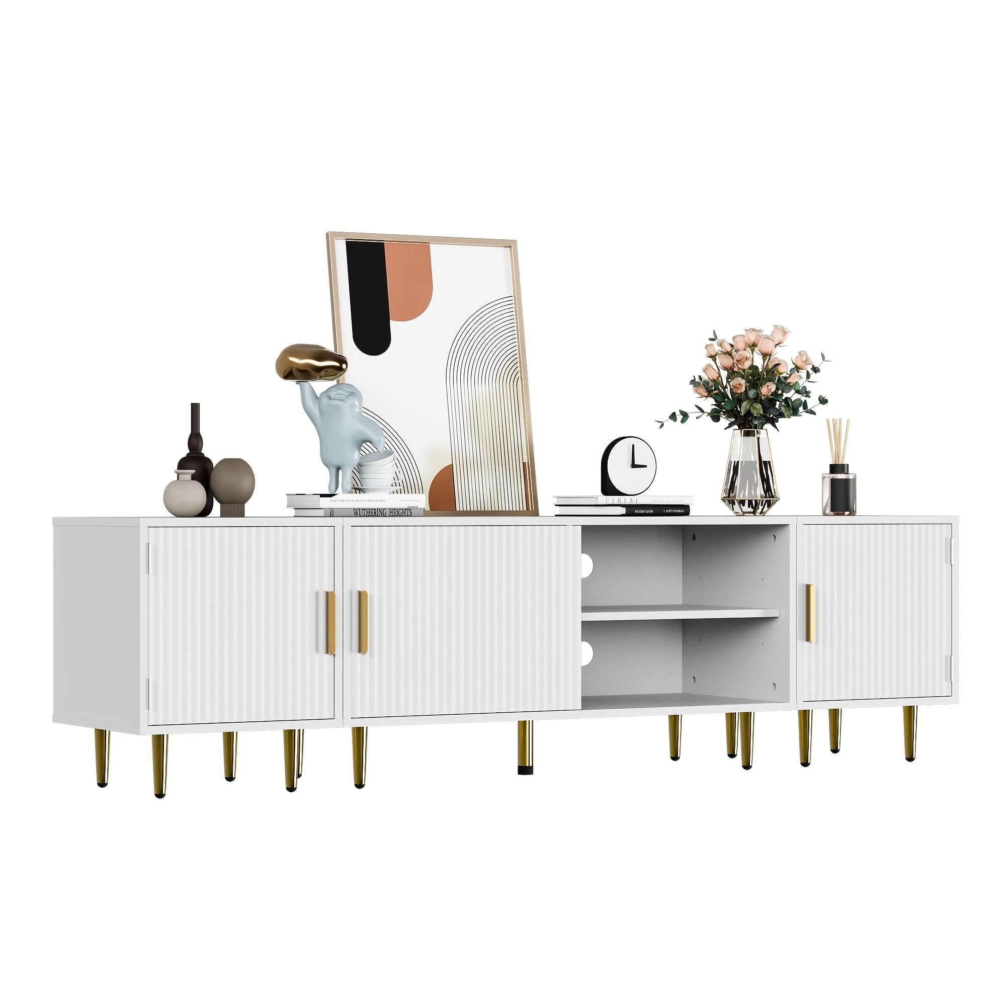 Elegant White 3-in-1 Adjustable TV Stand with Fluted Waveform Door - Modern Entertainment Center Featuring 2 Movable Storage Cabinets, Perfect for 50/60/70/80 Inch TVs - Ideal for Living Room & Bedroom