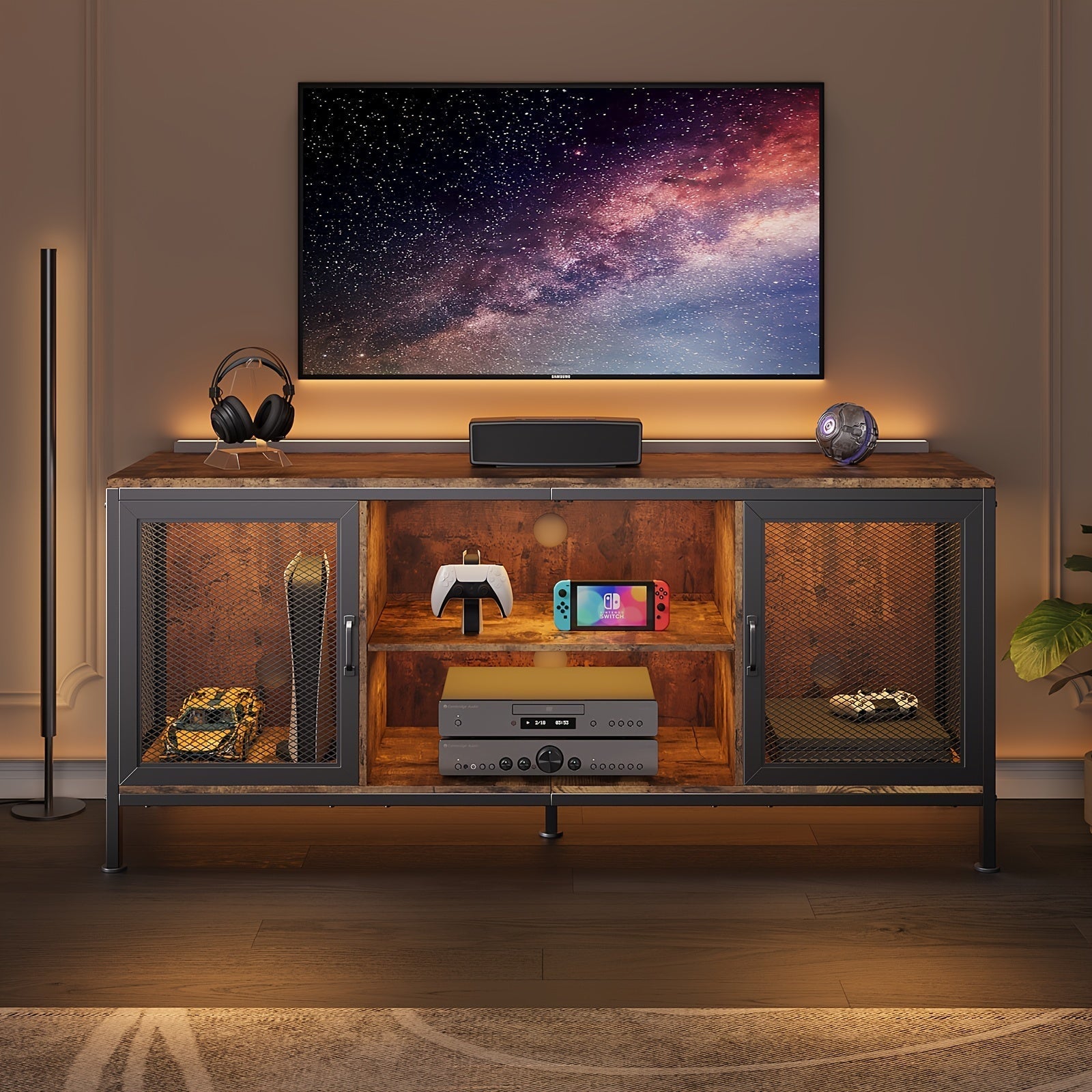 TV Stand For TV Up To 165cm With Storage, 3-Tier Wooden TV Console Table With Doors And Shelf, Modern Gaming Entertainment Center For Living Room Game Room Or Home Office