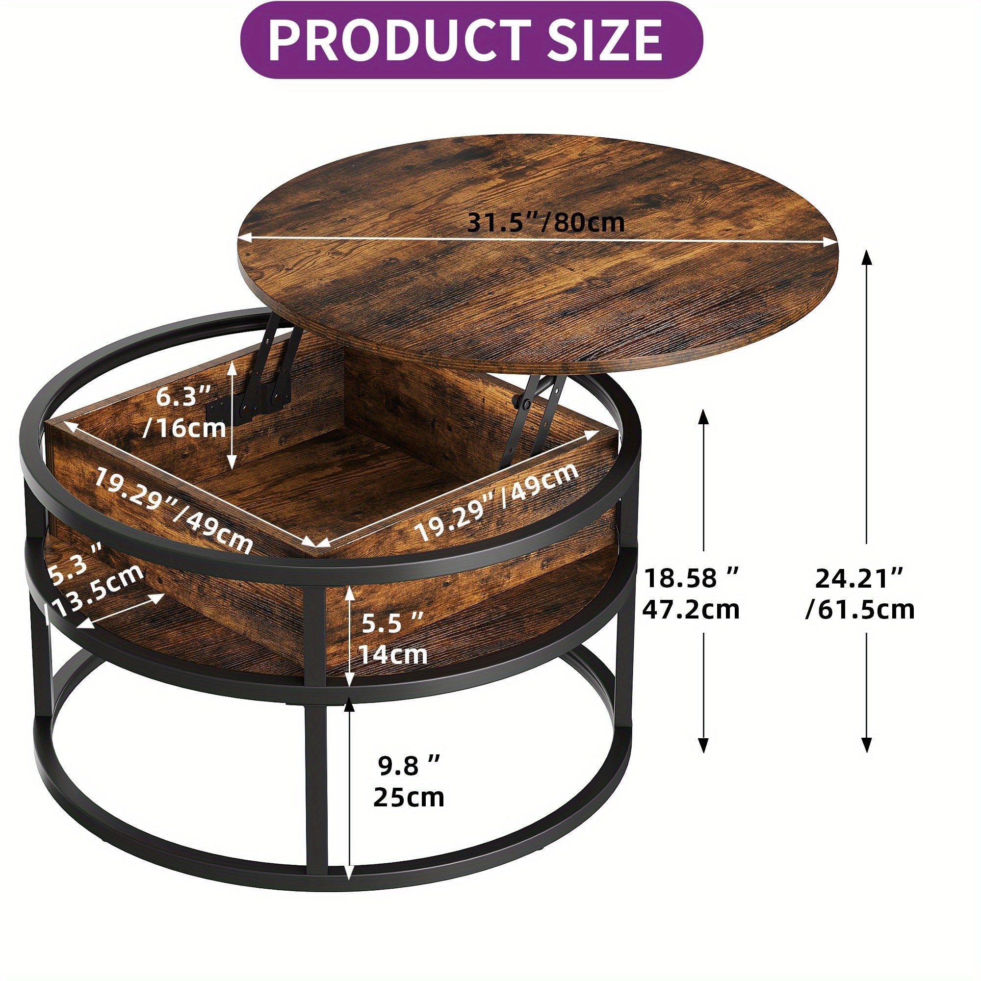 Round Lift Top Coffee Table Hidden Storage Shelf Pet Friendly Scratchproof Wood